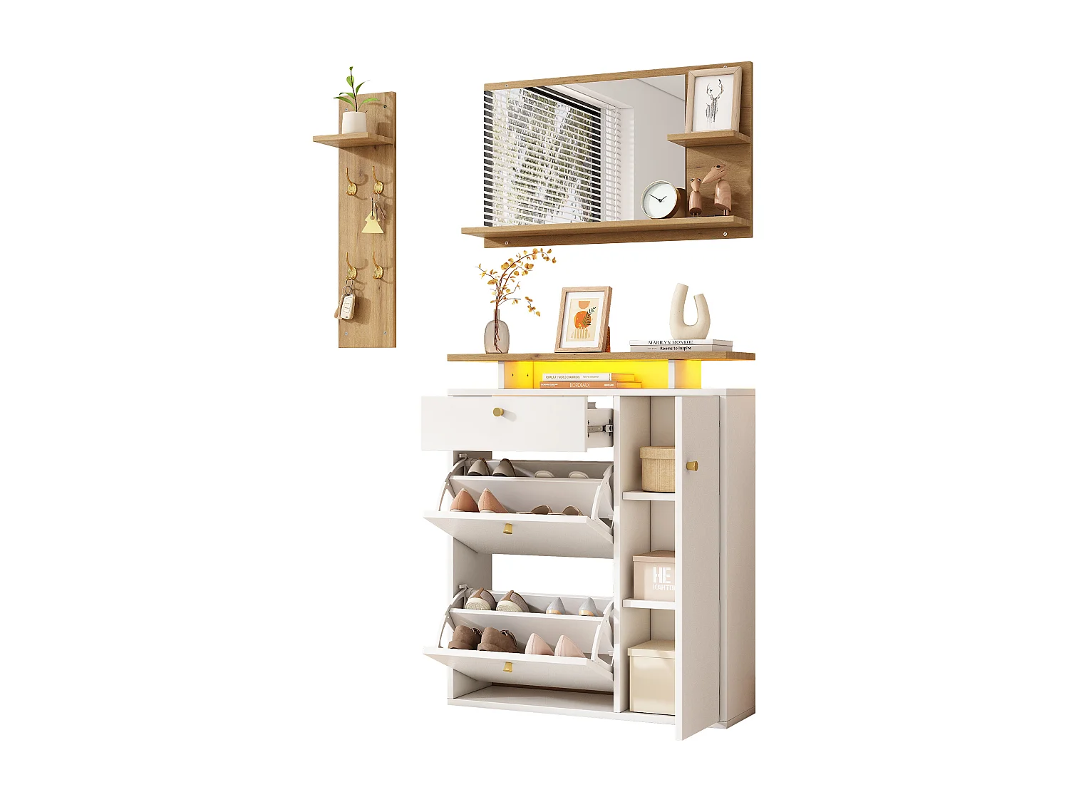 Ensemble vestiaire d'entrée 105x25x151.5cm - avec LED - avec 3 portes et 1 tiroir - avec miroir et meuble à chaussures - Blanc + Naturel