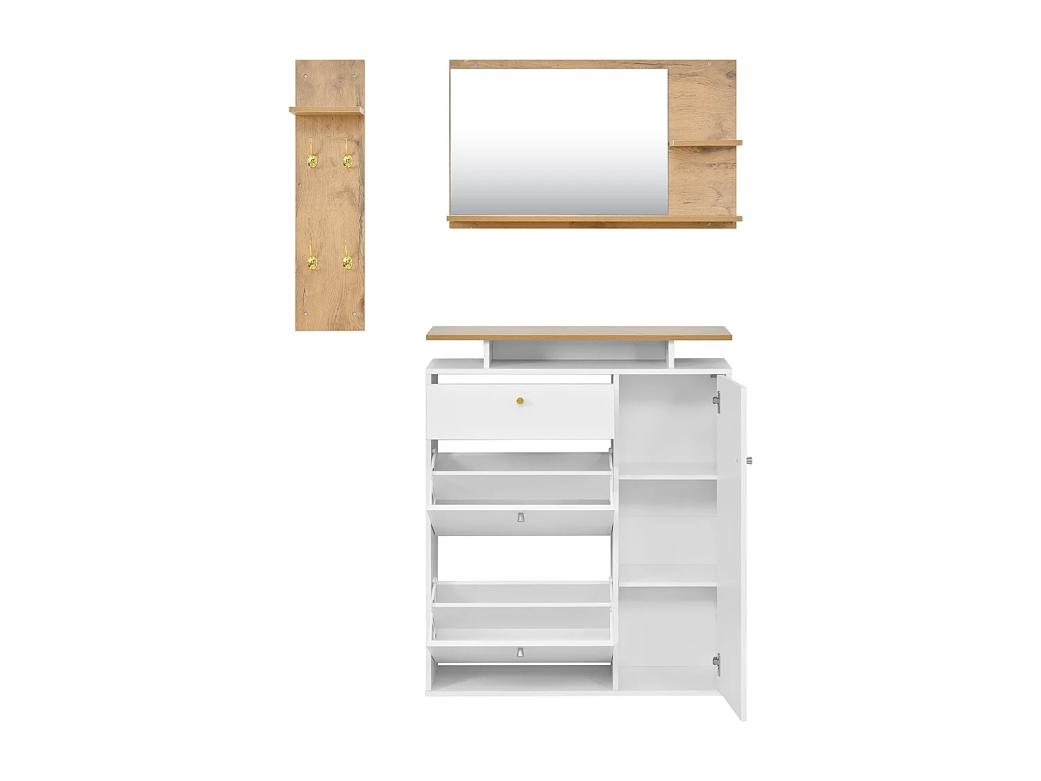 Ensemble vestiaire d'entrée 105x25x151.5cm - avec LED - avec 3 portes et 1 tiroir - avec miroir et meuble à chaussures - Blanc + Naturel