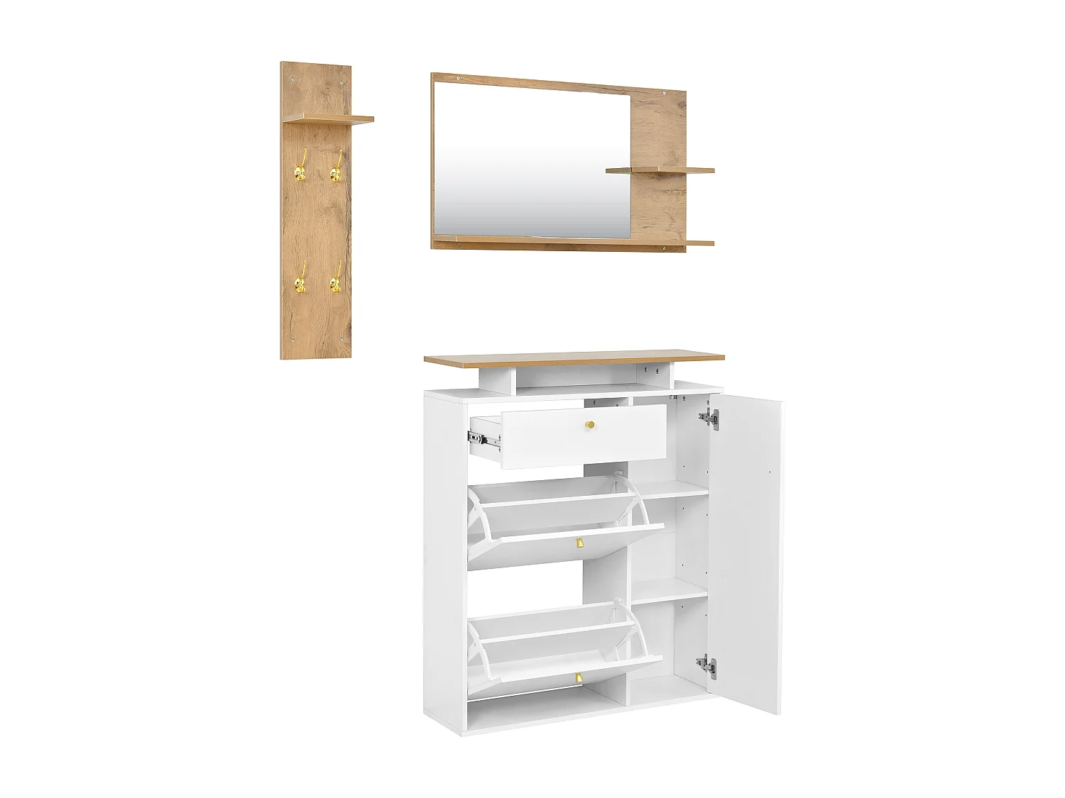 Ensemble vestiaire d'entrée 105x25x151.5cm - avec LED - avec 3 portes et 1 tiroir - avec miroir et meuble à chaussures - Blanc + Naturel