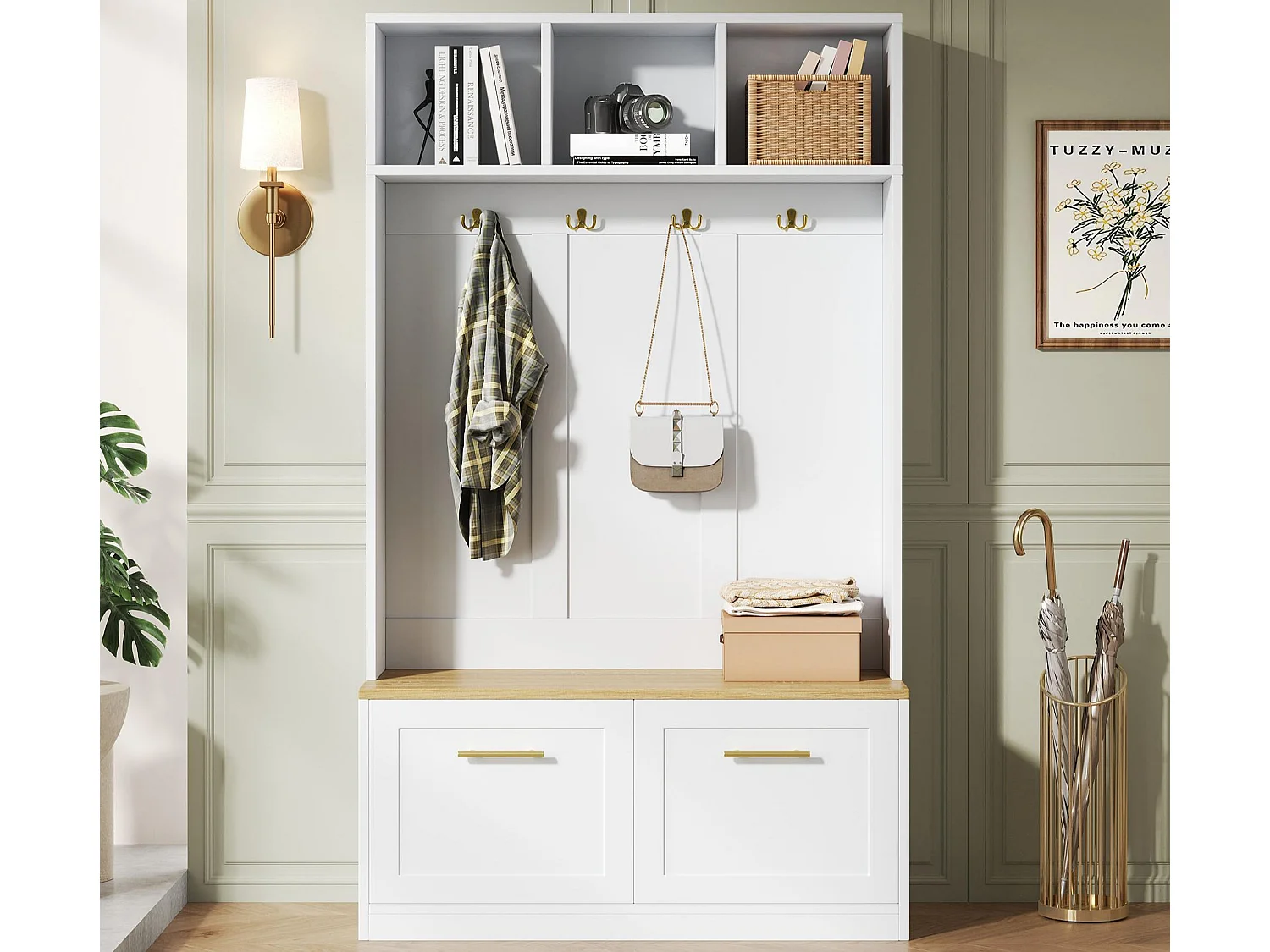 Vestiaire d'entrée moderne 105x40x180cm - avec 2 portes - avec meuble à chaussures et crochets - étagères ouvertes - Blanc + Naturel