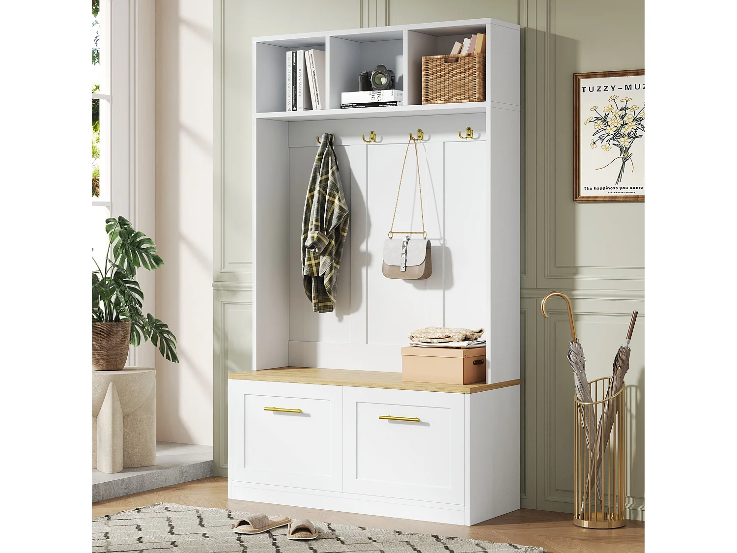 Vestiaire d'entrée moderne 105x40x180cm - avec 2 portes - avec meuble à chaussures et crochets - étagères ouvertes - Blanc + Naturel