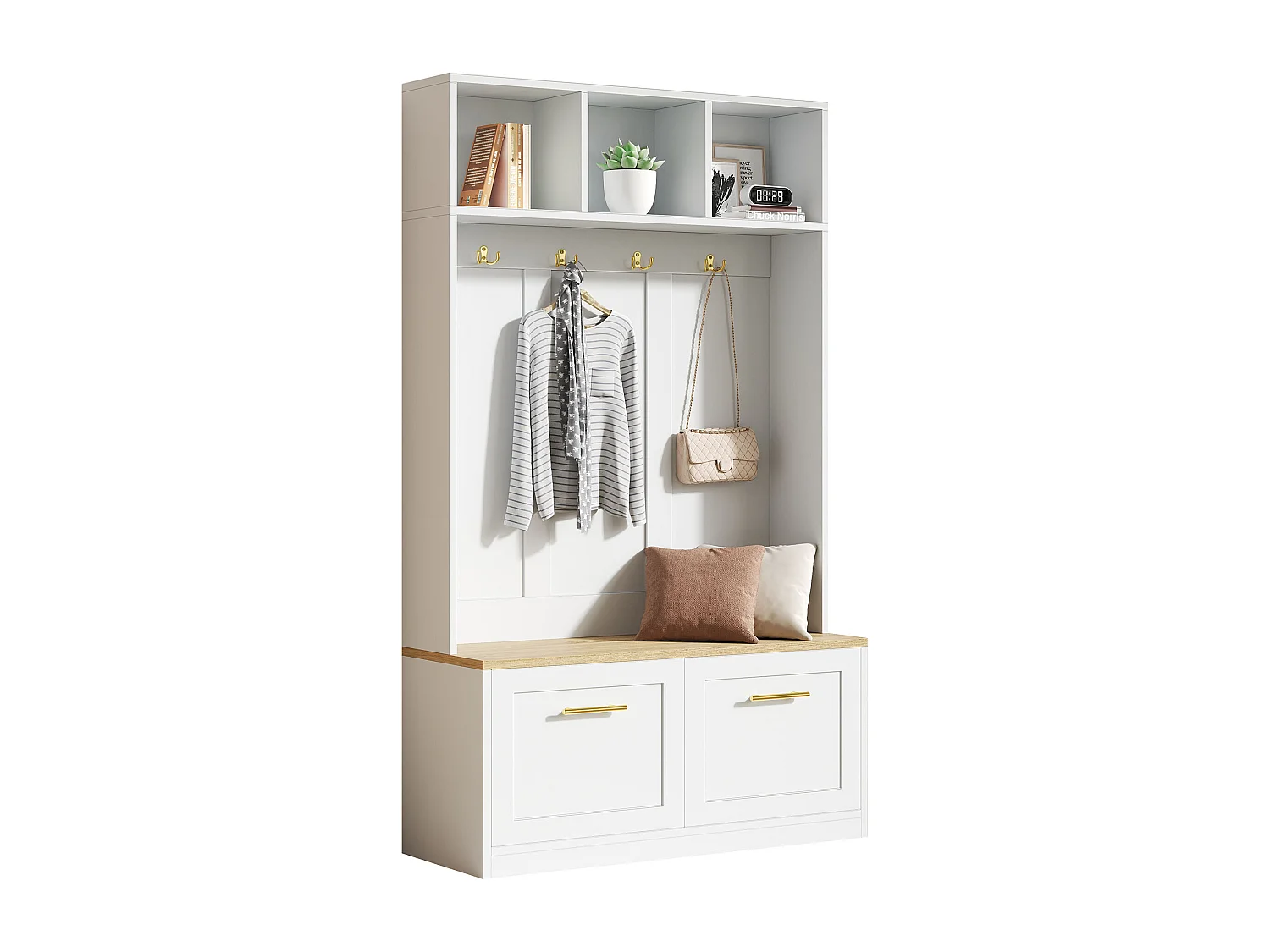 Vestiaire d'entrée moderne 105x40x180cm - avec 2 portes - avec meuble à chaussures et crochets - étagères ouvertes - Blanc + Naturel