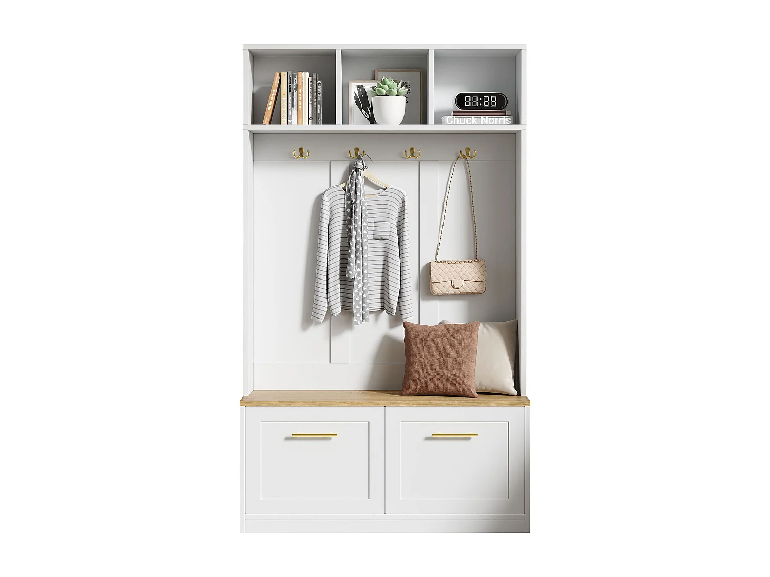 Vestiaire d'entrée moderne 105x40x180cm - avec 2 portes - avec meuble à chaussures et crochets - étagères ouvertes - Blanc + Naturel