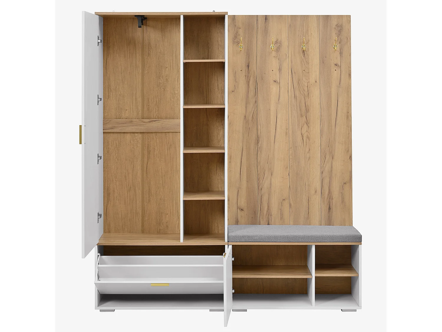 Ensemble vestiaire d'entrée 160x38x180cm - avec 3 portes et compartiments de rangement - avec miroir et meuble à chaussures - avec crochet - Naturel + Blanc