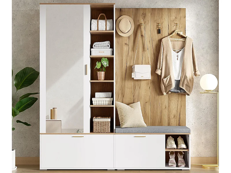 Ensemble vestiaire d'entrée 160x38x180cm - avec 3 portes et compartiments de rangement - avec miroir et meuble à chaussures - avec crochet - Naturel + Blanc