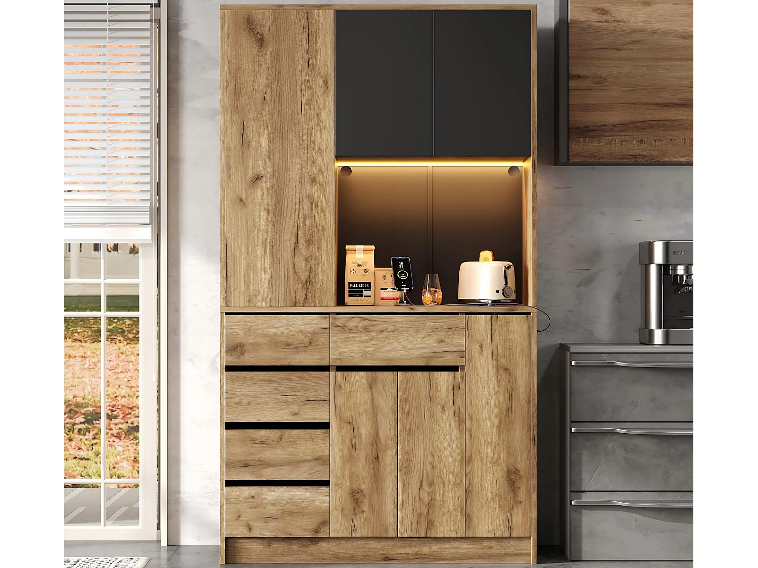 Buffet de cuisine moderne 105x40x185cm - avec prise et LED - avec 6 tiroirs et 5 portes - avec étagère à épices - Naturel + Noir