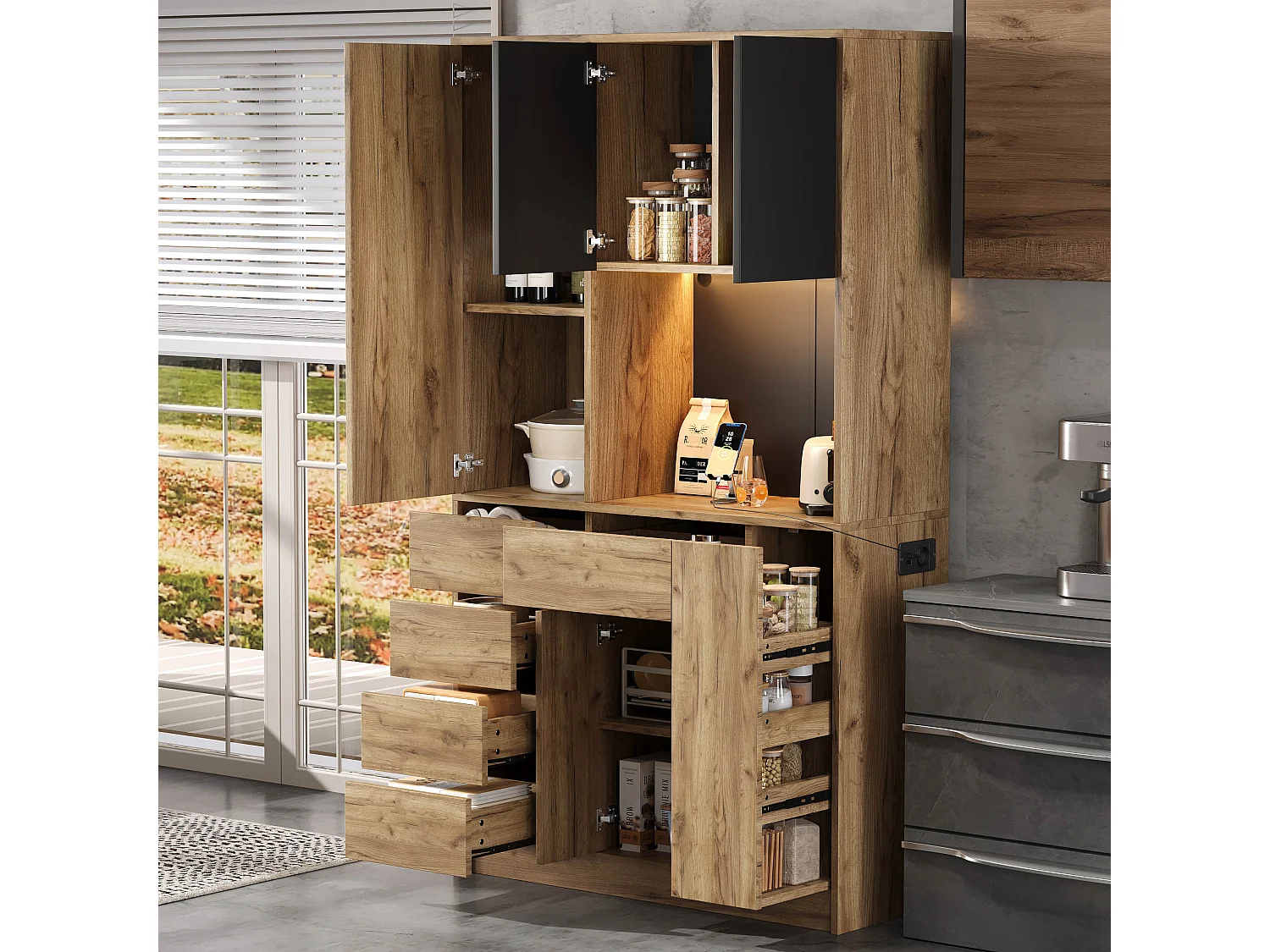 Buffet de cuisine moderne 105x40x185cm - avec prise et LED - avec 6 tiroirs et 5 portes - avec étagère à épices - Naturel + Noir