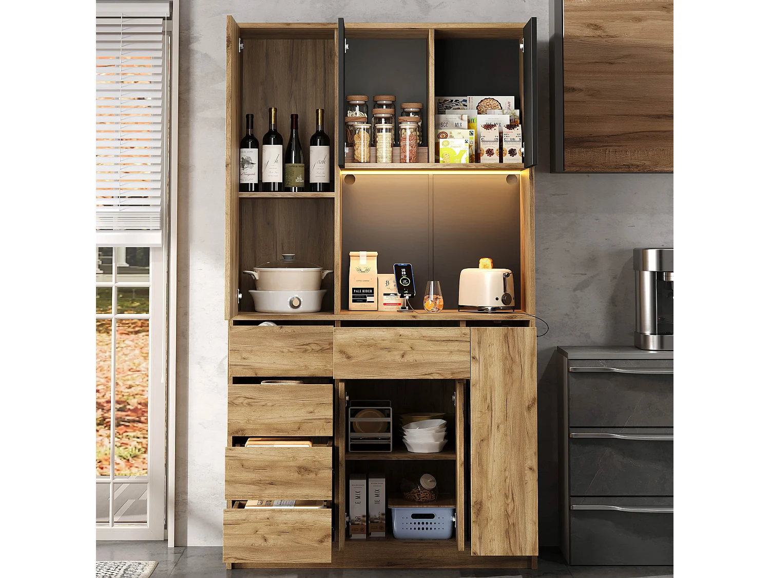 Buffet de cuisine moderne 105x40x185cm - avec prise et LED - avec 6 tiroirs et 5 portes - avec étagère à épices - Naturel + Noir