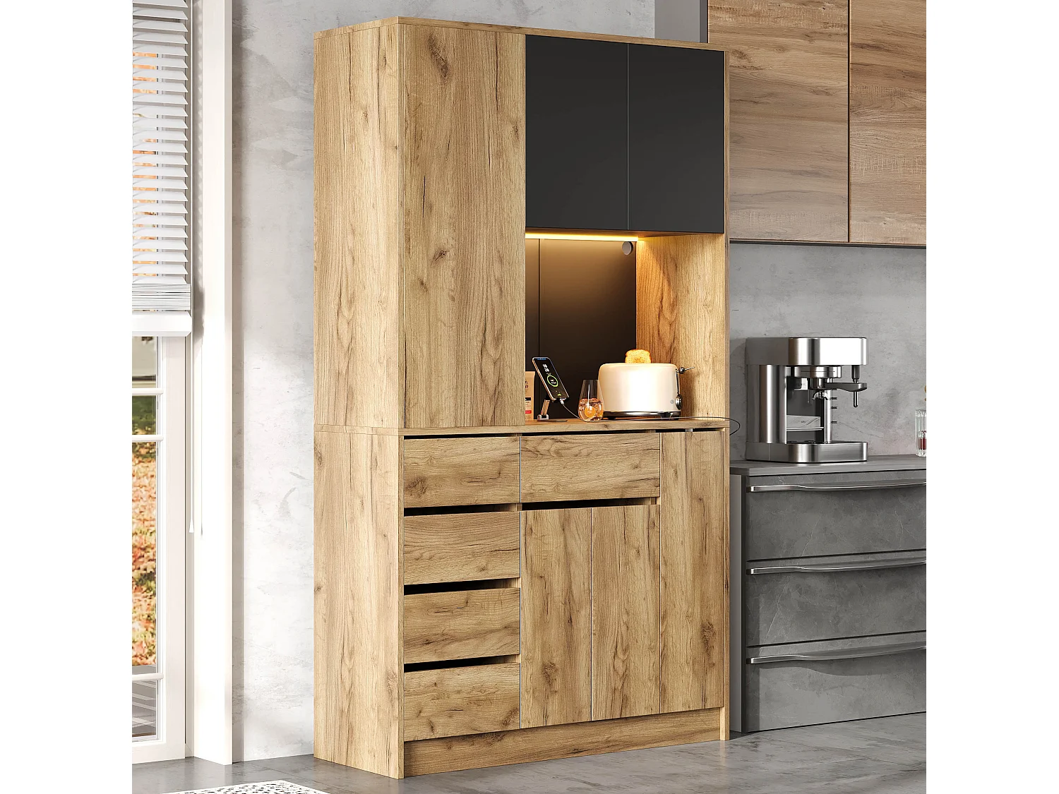 Buffet de cuisine moderne 105x40x185cm - avec prise et LED - avec 6 tiroirs et 5 portes - avec étagère à épices - Naturel + Noir