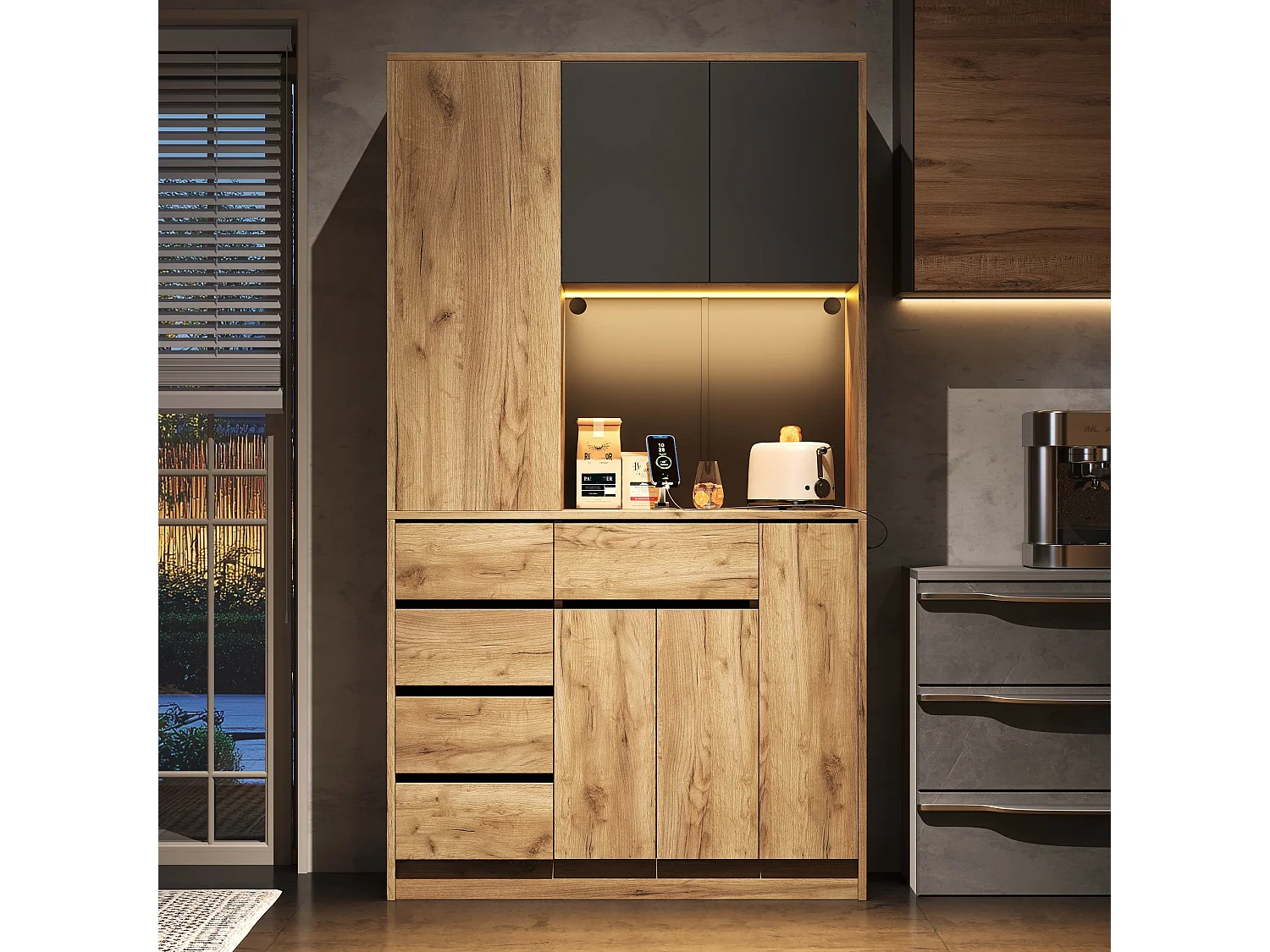 Buffet de cuisine moderne 105x40x185cm - avec prise et LED - avec 6 tiroirs et 5 portes - avec étagère à épices - Naturel + Noir