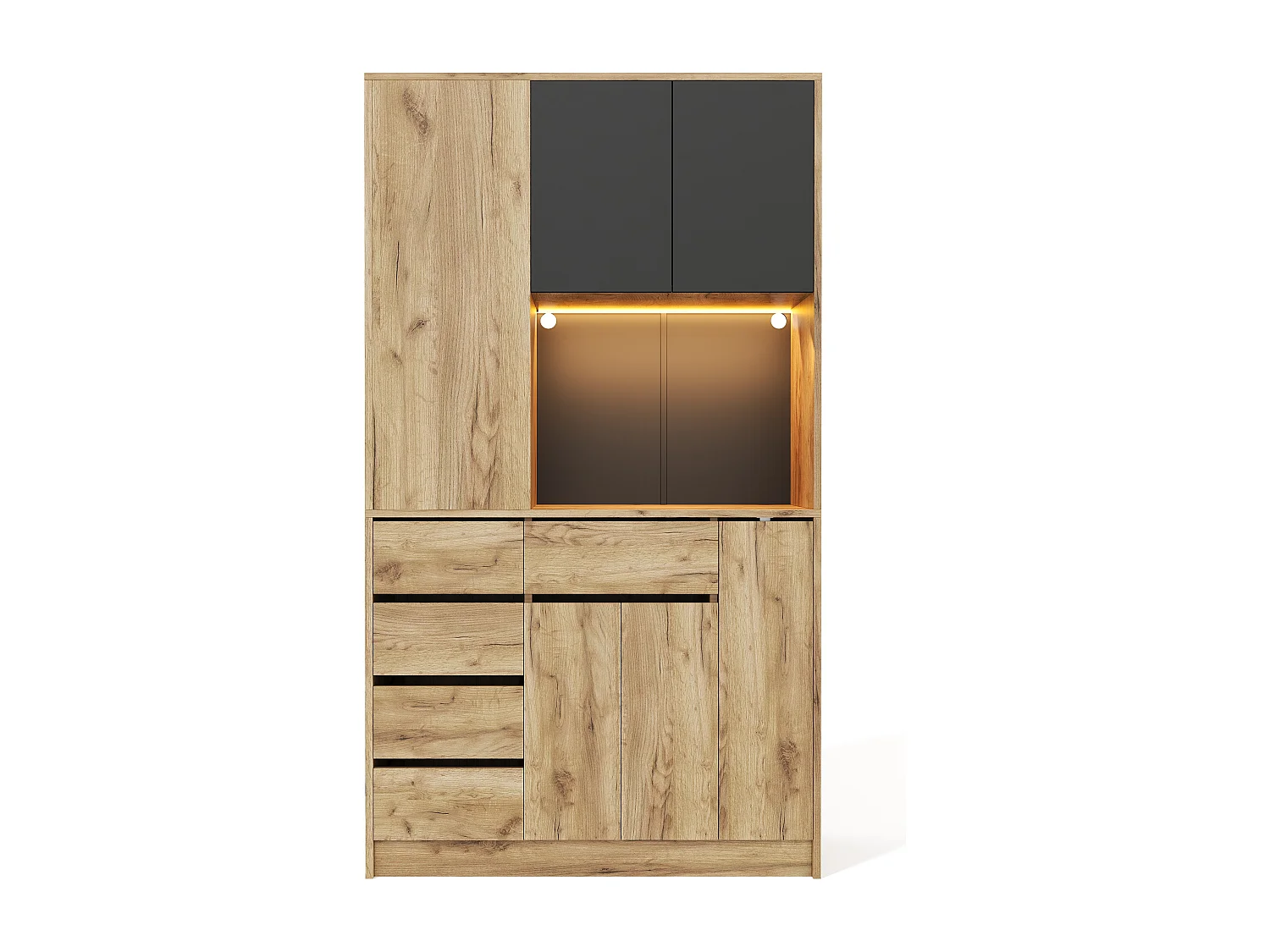 Buffet de cuisine moderne 105x40x185cm - avec prise et LED - avec 6 tiroirs et 5 portes - avec étagère à épices - Naturel + Noir