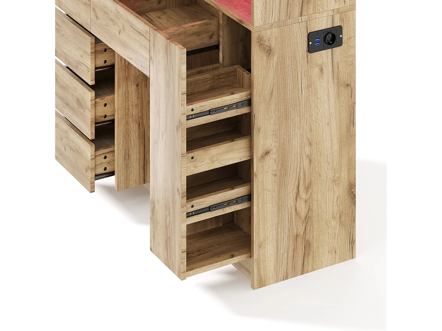 Buffet de cuisine moderne 105x40x185cm - avec prise et LED - avec 6 tiroirs et 5 portes - avec étagère à épices - Naturel + Noir