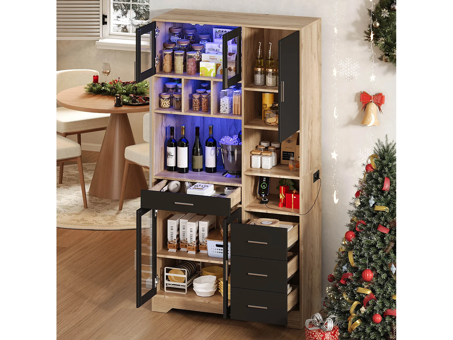 Modernes Küchenbuffet 100x40x185cm - mit Steckdose und LED - mit 4 Schubladen und 5 Türen - höhenverstellbare Regale - Natur + Schwarz