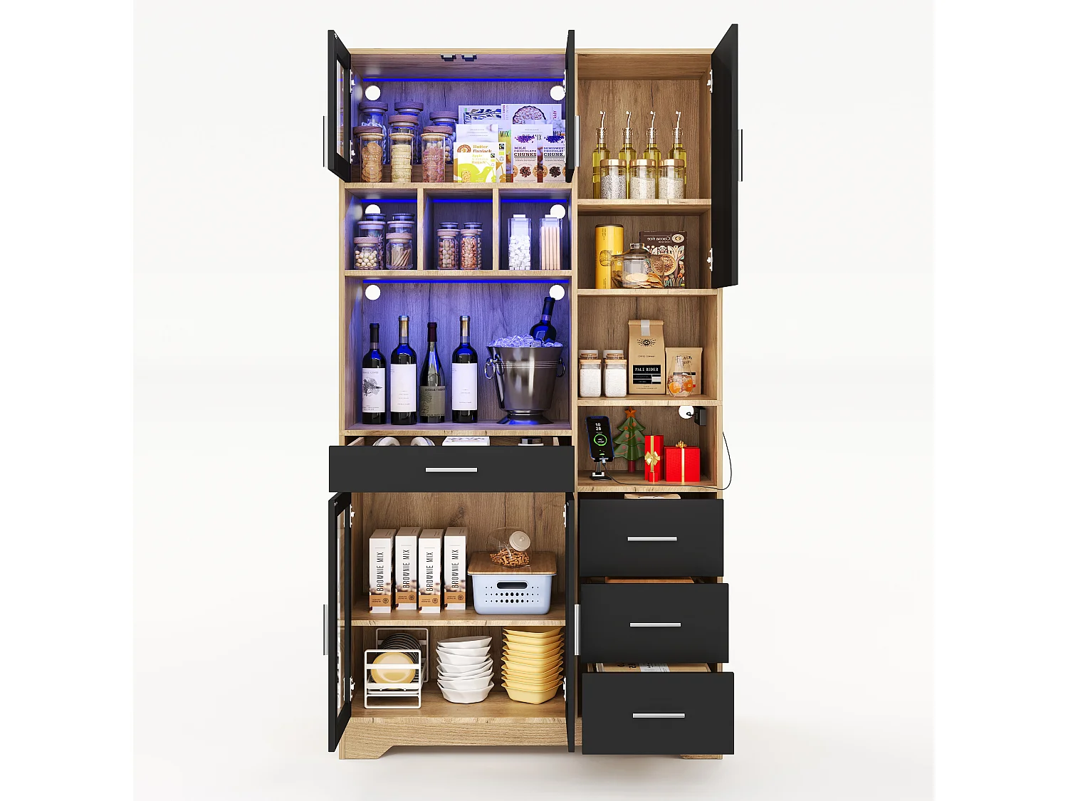 Modernes Küchenbuffet 100x40x185cm - mit Steckdose und LED - mit 4 Schubladen und 5 Türen - höhenverstellbare Regale - Natur + Schwarz