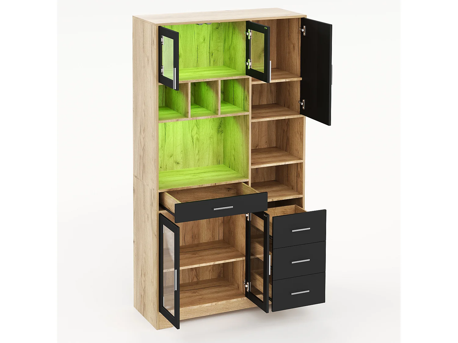 Modernes Küchenbuffet 100x40x185cm - mit Steckdose und LED - mit 4 Schubladen und 5 Türen - höhenverstellbare Regale - Natur + Schwarz