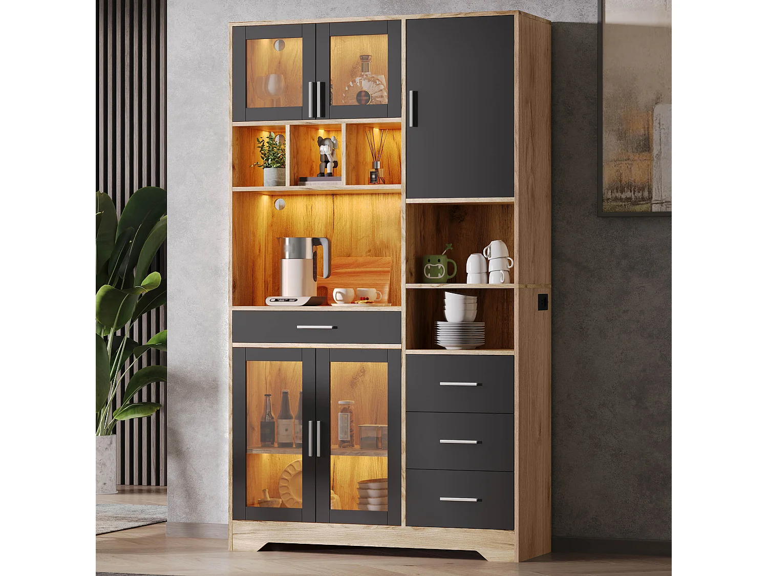 Buffet de cuisine moderne 100x40x185cm - avec prise et LED - avec 4 tiroirs et 5 portes - étagères réglables - Naturel + Noir