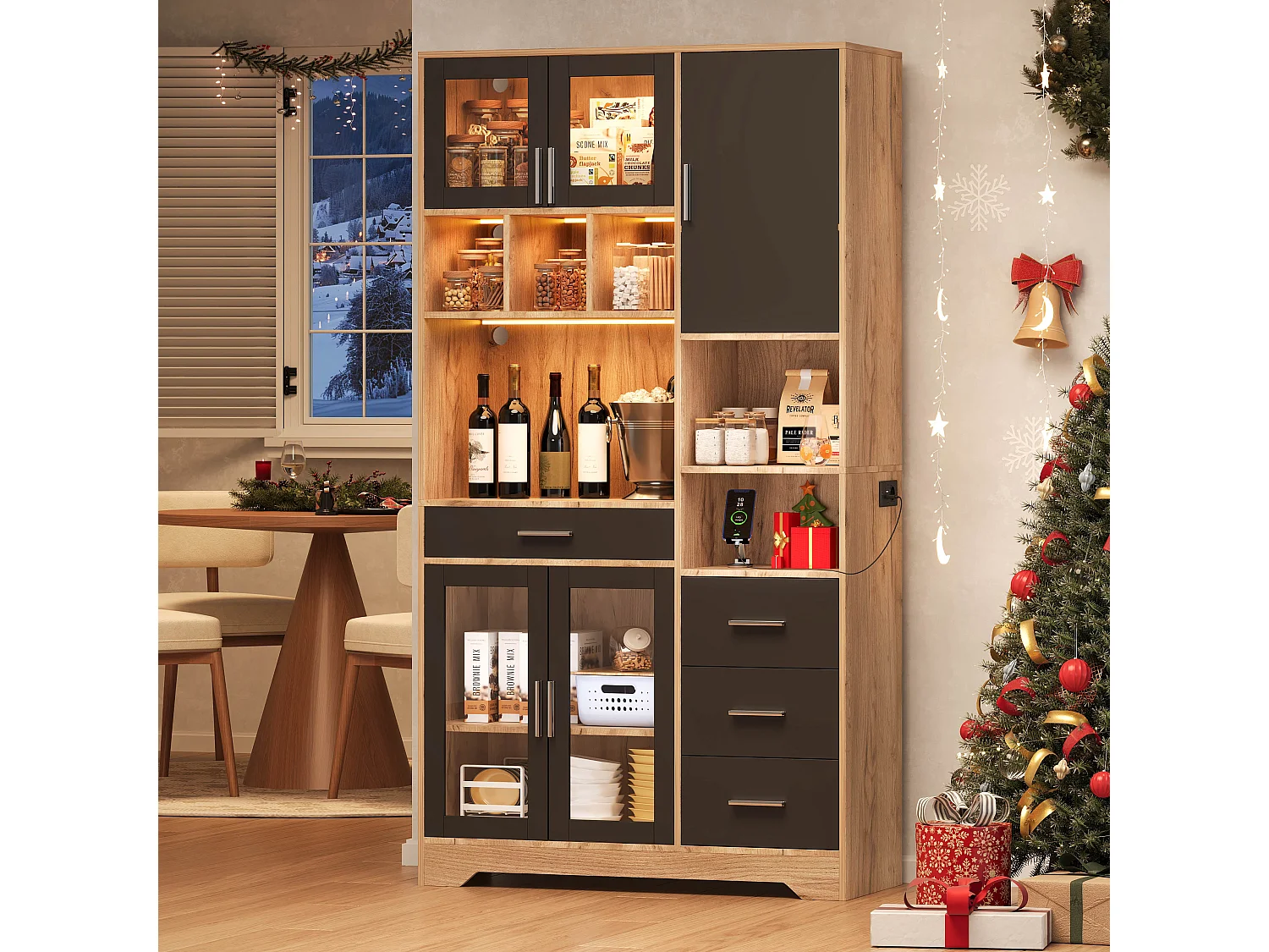 Buffet de cuisine moderne 100x40x185cm - avec prise et LED - avec 4 tiroirs et 5 portes - étagères réglables - Naturel + Noir