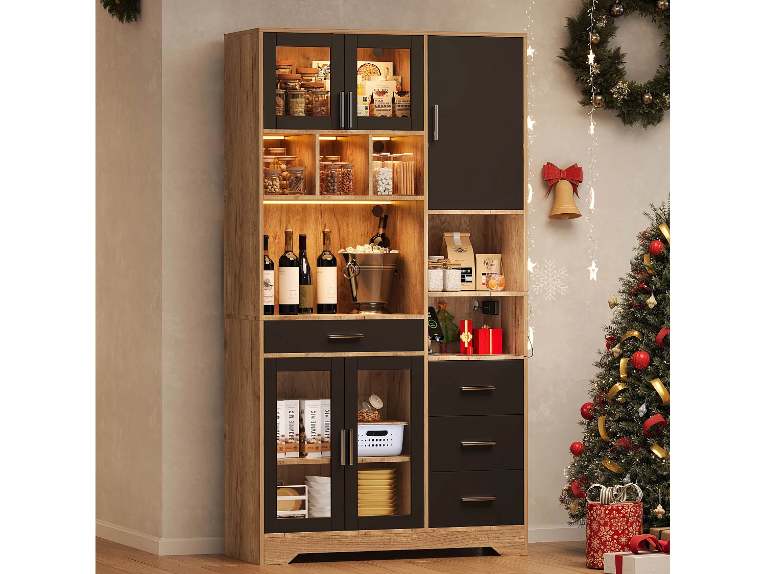 Buffet de cuisine moderne 100x40x185cm - avec prise et LED - avec 4 tiroirs et 5 portes - étagères réglables - Naturel + Noir