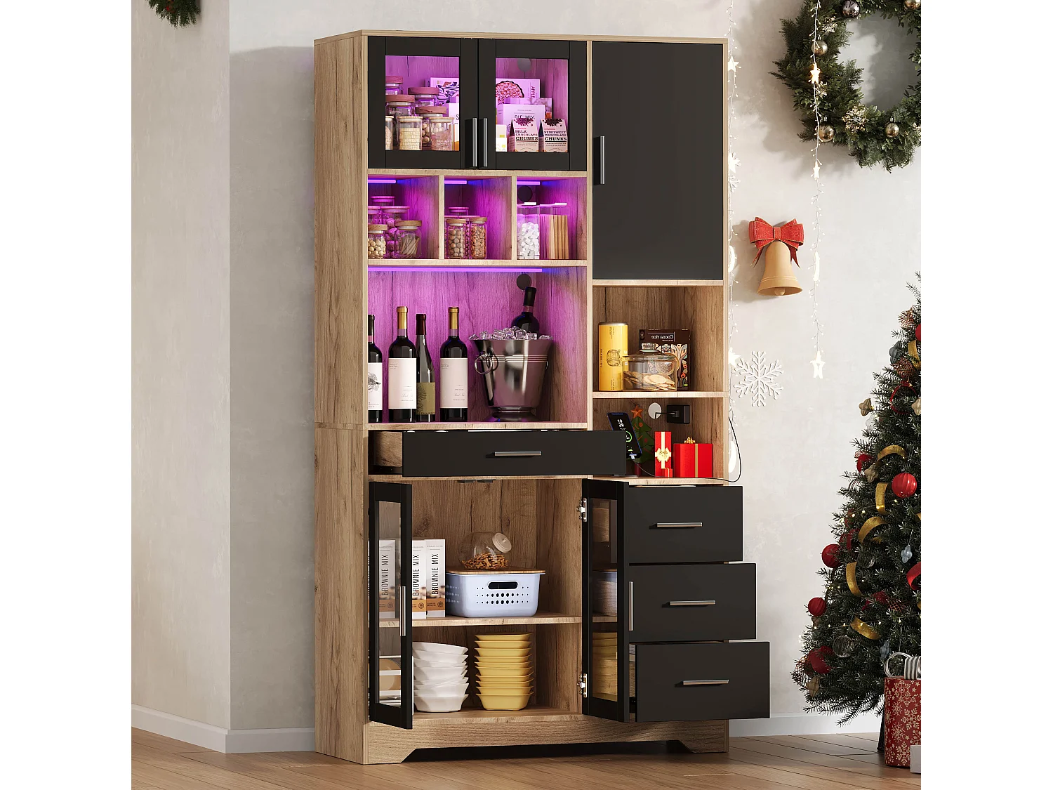 Buffet de cuisine moderne 100x40x185cm - avec prise et LED - avec 4 tiroirs et 5 portes - étagères réglables - Naturel + Noir