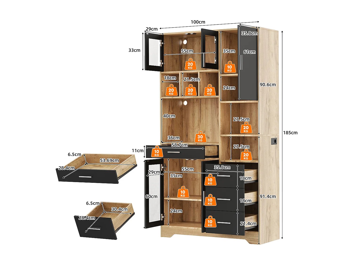 Buffet de cuisine moderne 100x40x185cm - avec prise et LED - avec 4 tiroirs et 5 portes - étagères réglables - Naturel + Noir