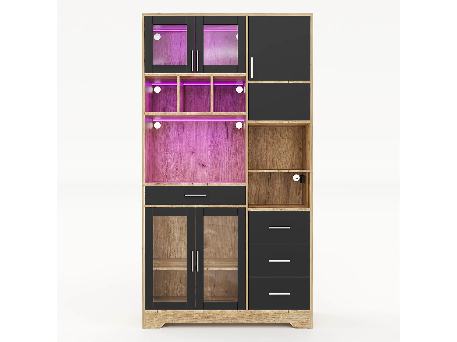 Buffet de cuisine moderne 100x40x185cm - avec prise et LED - avec 4 tiroirs et 5 portes - étagères réglables - Naturel + Noir