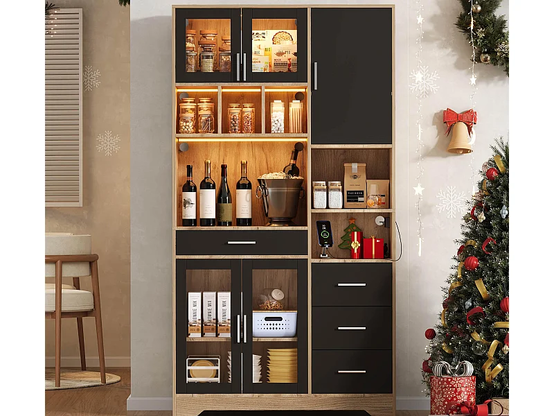 Modernes Küchenbuffet 100x40x185cm - mit Steckdose und LED - mit 4 Schubladen und 5 Türen - höhenverstellbare Regale - Natur + Schwarz