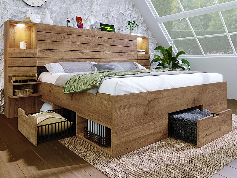Lit adulte 180×200cm en bois + MDF - avec table de chevet suspendue - avec LED + prises chargement - avec espace de rangement - Naturel