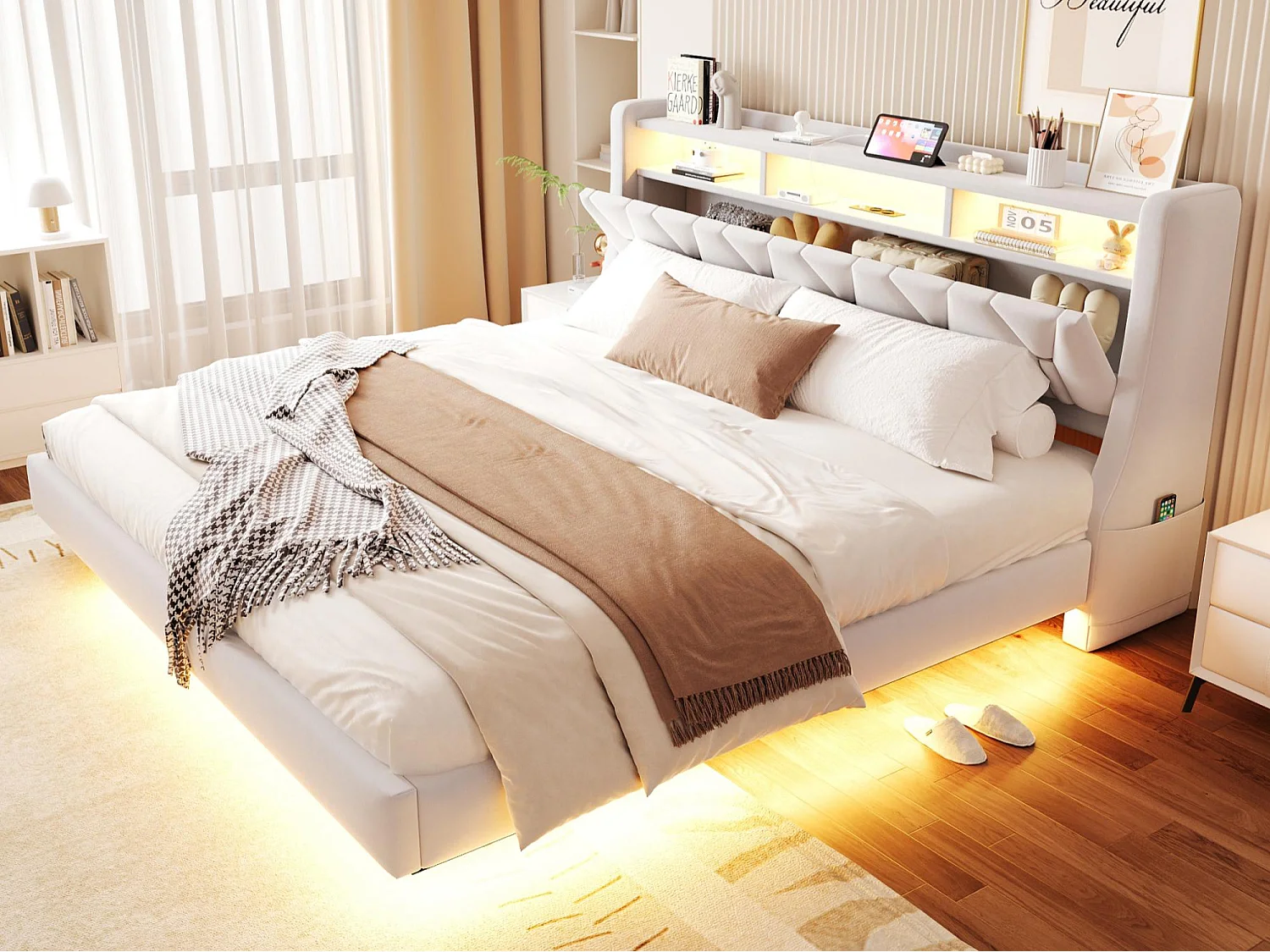 Lit rembourré pour adulte 180x200 cm - Tête de lit pliable - Prise électrique - Éclairage LED - Tissu velours - beige (matelas non inclus)