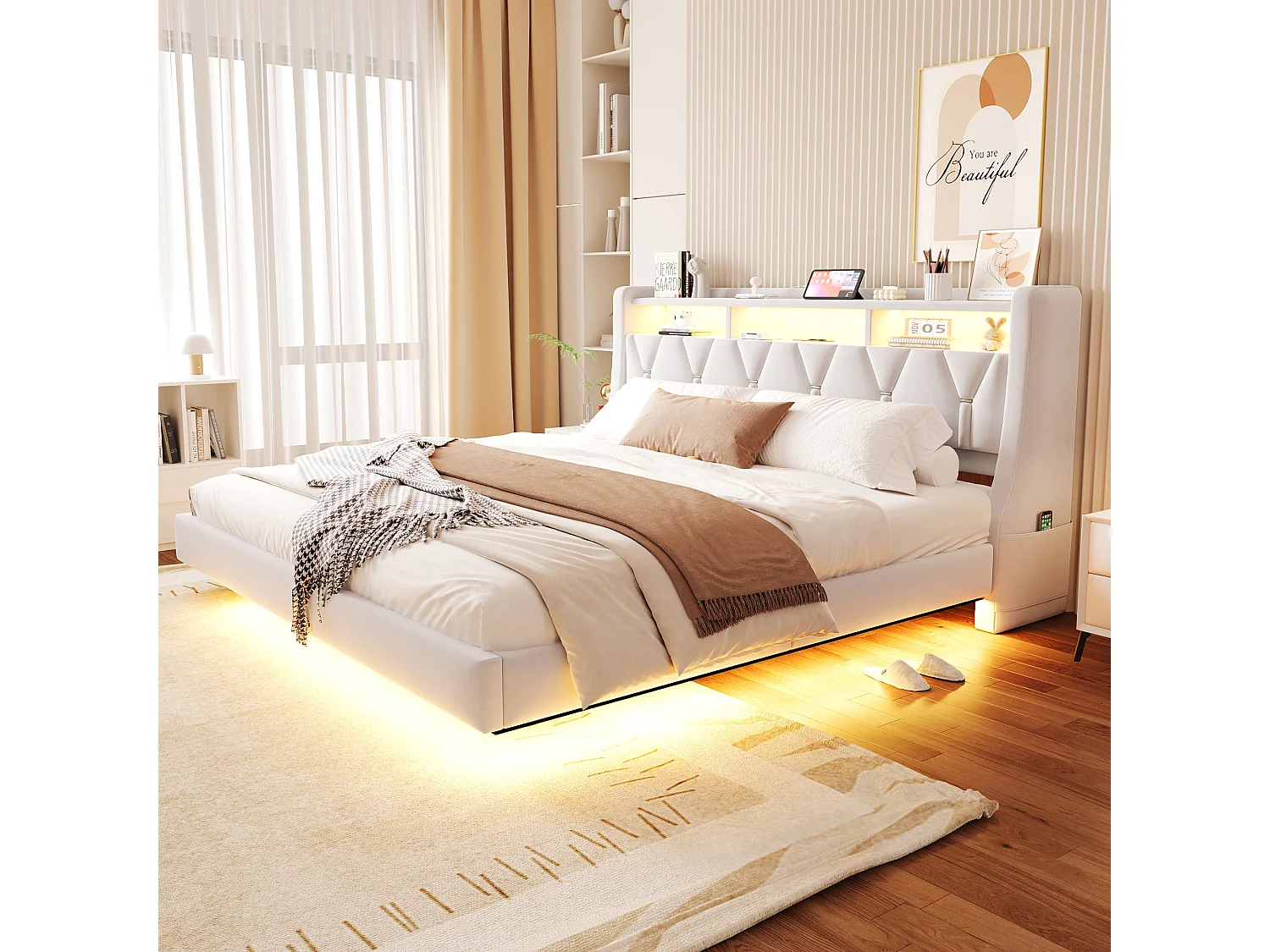 Lit rembourré pour adulte 180x200 cm - Tête de lit pliable - Prise électrique - Éclairage LED - Tissu velours - beige (matelas non inclus)