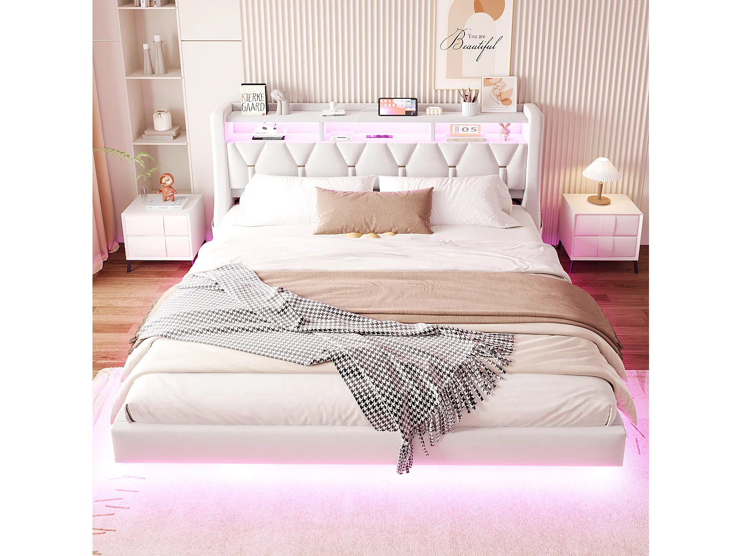 Lit rembourré pour adulte 180x200 cm - Tête de lit pliable - Prise électrique - Éclairage LED - Tissu velours - beige (matelas non inclus)