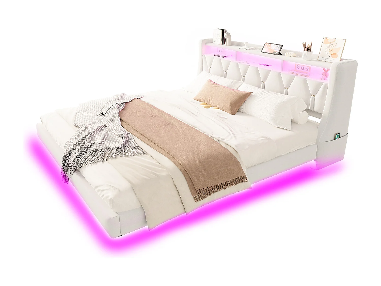 Lit rembourré pour adulte 180x200 cm - Tête de lit pliable - Prise électrique - Éclairage LED - Tissu velours - beige (matelas non inclus)