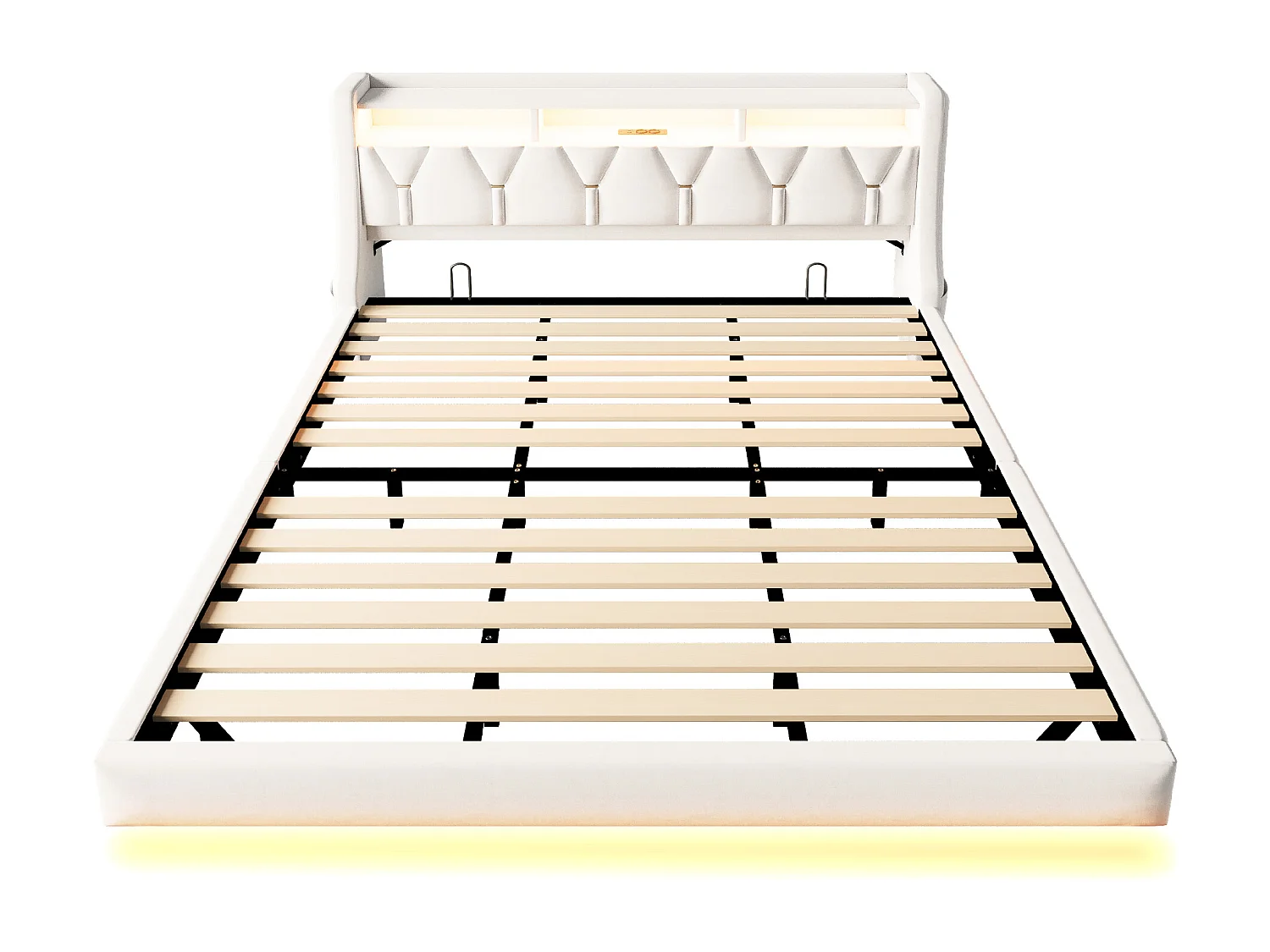 Lit rembourré pour adulte 180x200 cm - Tête de lit pliable - Prise électrique - Éclairage LED - Tissu velours - beige (matelas non inclus)