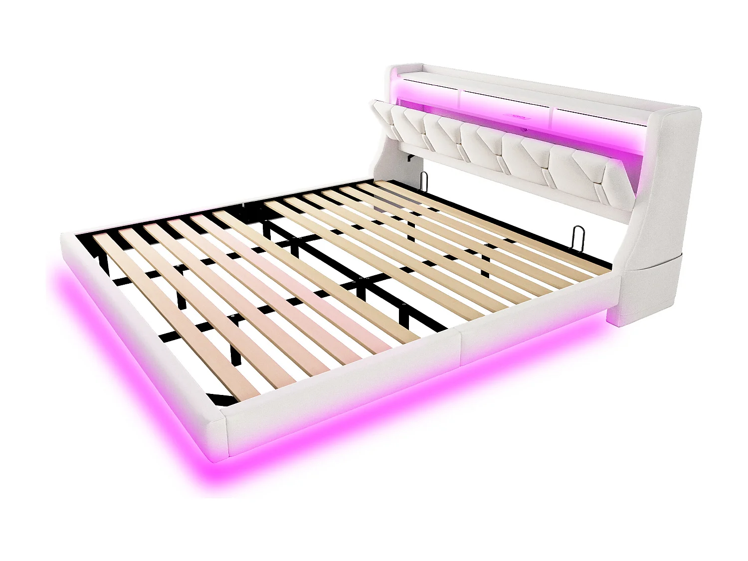 Lit rembourré pour adulte 180x200 cm - Tête de lit pliable - Prise électrique - Éclairage LED - Tissu velours - beige (matelas non inclus)