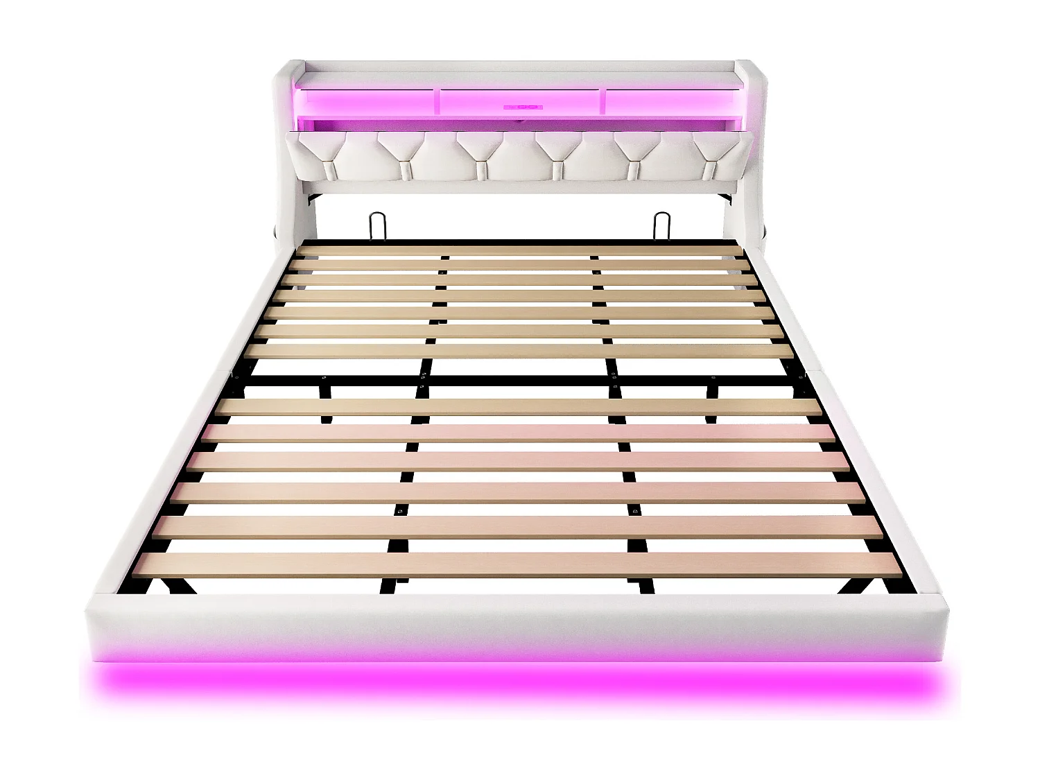 Lit rembourré pour adulte 180x200 cm - Tête de lit pliable - Prise électrique - Éclairage LED - Tissu velours - beige (matelas non inclus)