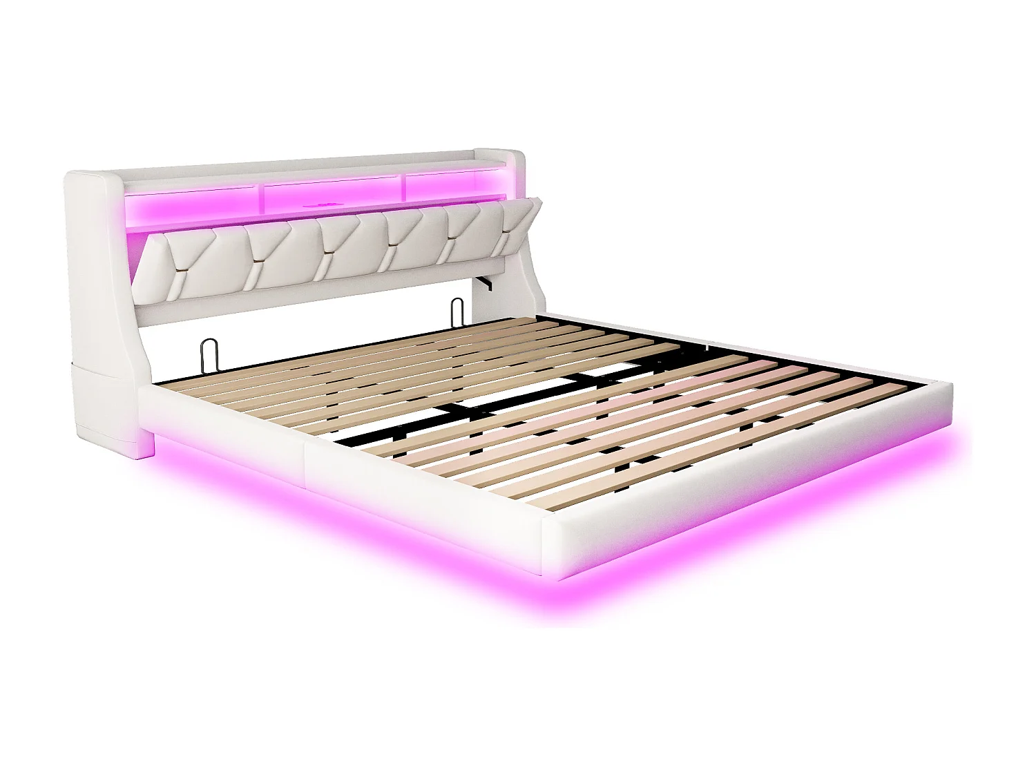 Lit rembourré pour adulte 180x200 cm - Tête de lit pliable - Prise électrique - Éclairage LED - Tissu velours - beige (matelas non inclus)