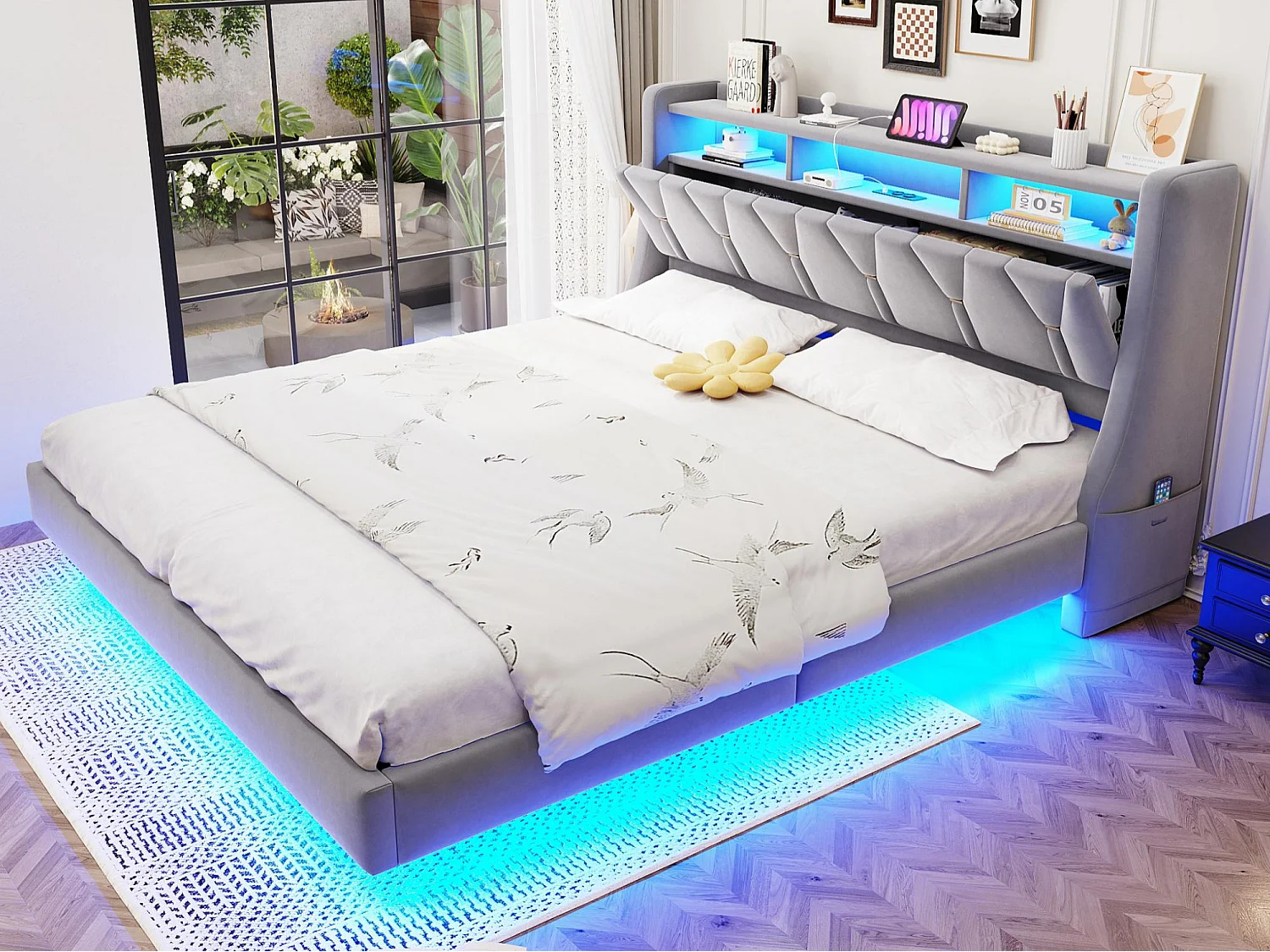 Lit rembourré pour adulte 180x200 cm - Tête de lit pliable - Prise électrique - Éclairage LED - Tissu velours - Gris (matelas non inclus)