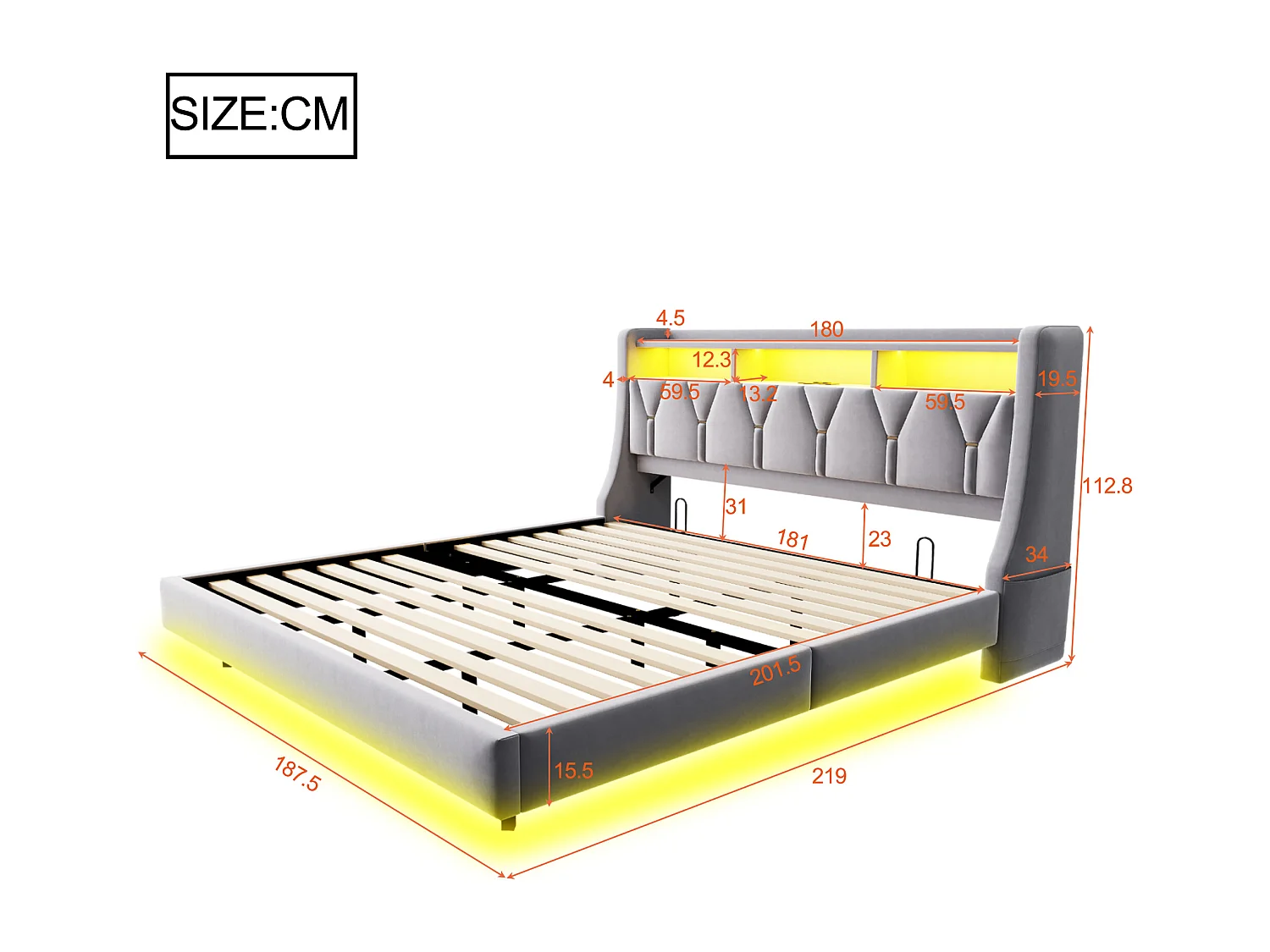 Lit rembourré pour adulte 180x200 cm - Tête de lit pliable - Prise électrique - Éclairage LED - Tissu velours - Gris (matelas non inclus)