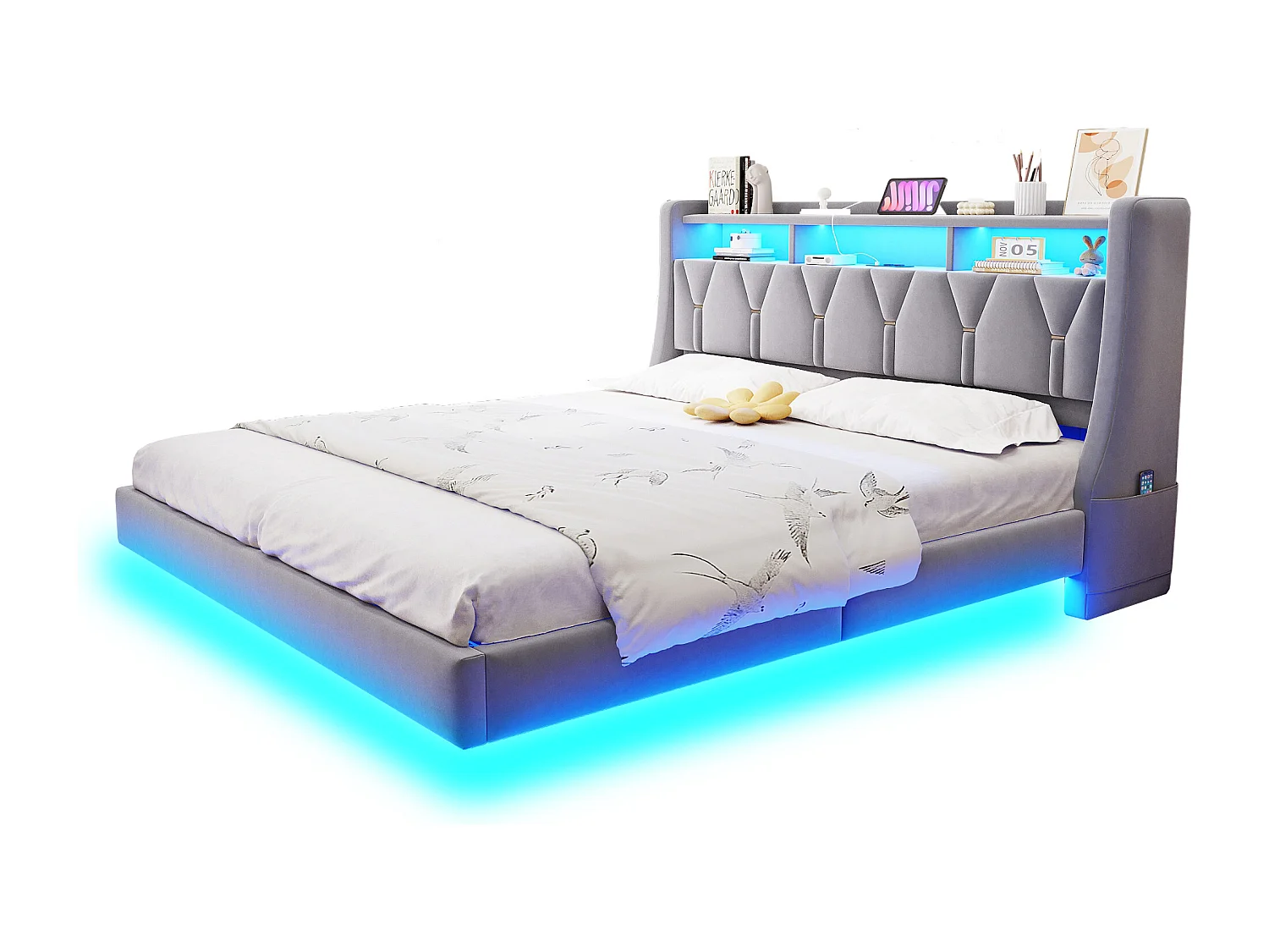 Lit rembourré pour adulte 180x200 cm - Tête de lit pliable - Prise électrique - Éclairage LED - Tissu velours - Gris (matelas non inclus)