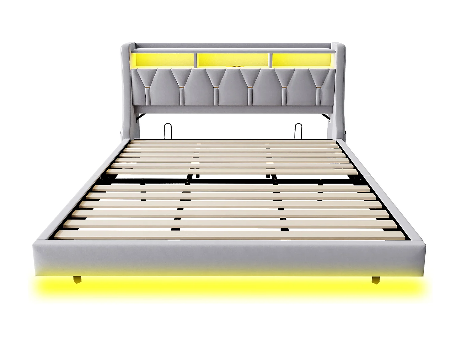 Lit rembourré pour adulte 180x200 cm - Tête de lit pliable - Prise électrique - Éclairage LED - Tissu velours - Gris (matelas non inclus)