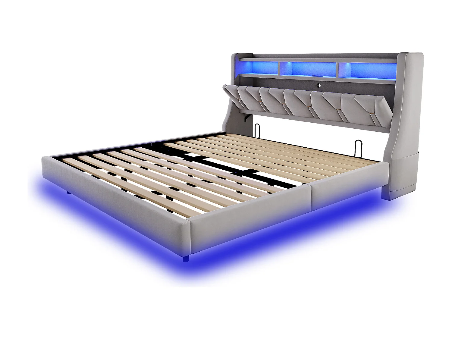Lit rembourré pour adulte 180x200 cm - Tête de lit pliable - Prise électrique - Éclairage LED - Tissu velours - Gris (matelas non inclus)