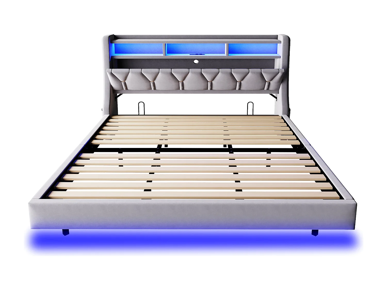 Lit rembourré pour adulte 180x200 cm - Tête de lit pliable - Prise électrique - Éclairage LED - Tissu velours - Gris (matelas non inclus)