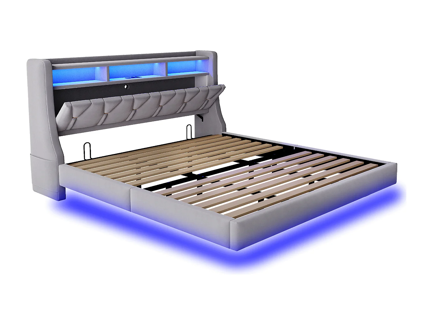 Lit rembourré pour adulte 180x200 cm - Tête de lit pliable - Prise électrique - Éclairage LED - Tissu velours - Gris (matelas non inclus)