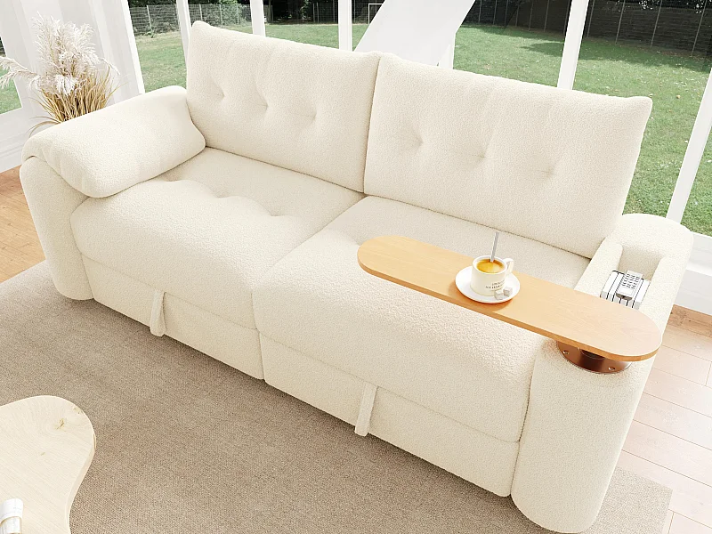 Sofá 3 lugares - con espaço de armazenamento - con apoio de cabeça e mesinha lateral integrada - bege