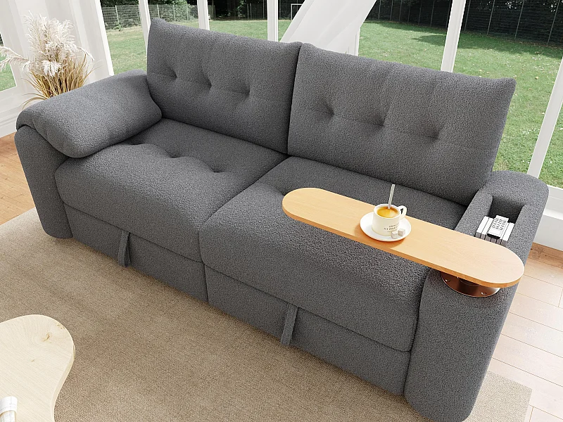 Sofa für 3 Personen - mit Stauraum - mit Kopfstütze und integriertem Beistelltisch - grau