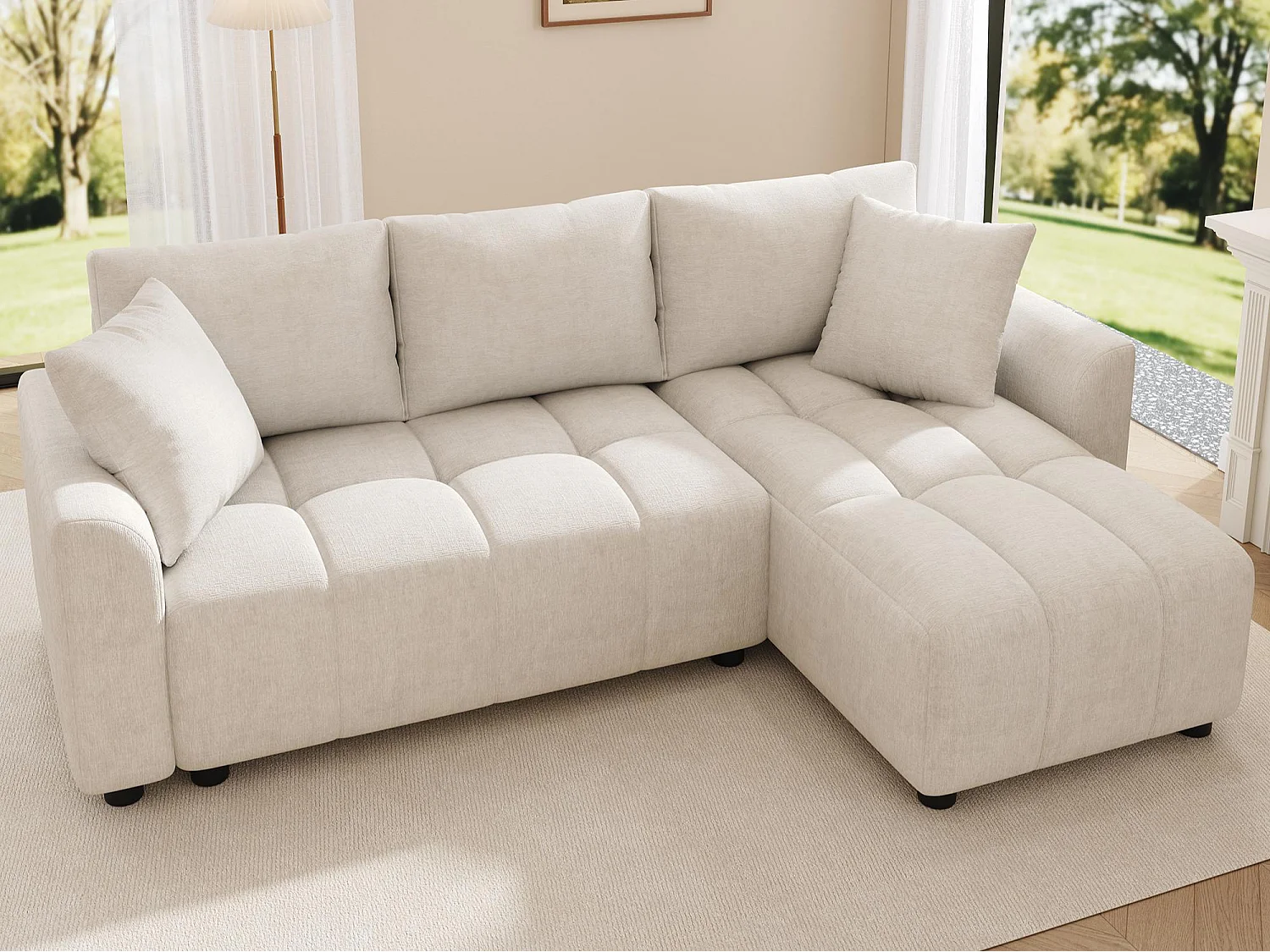 Canapé d'angle 3 places en L - Tissu chenille - avec 2 coussins - Beige