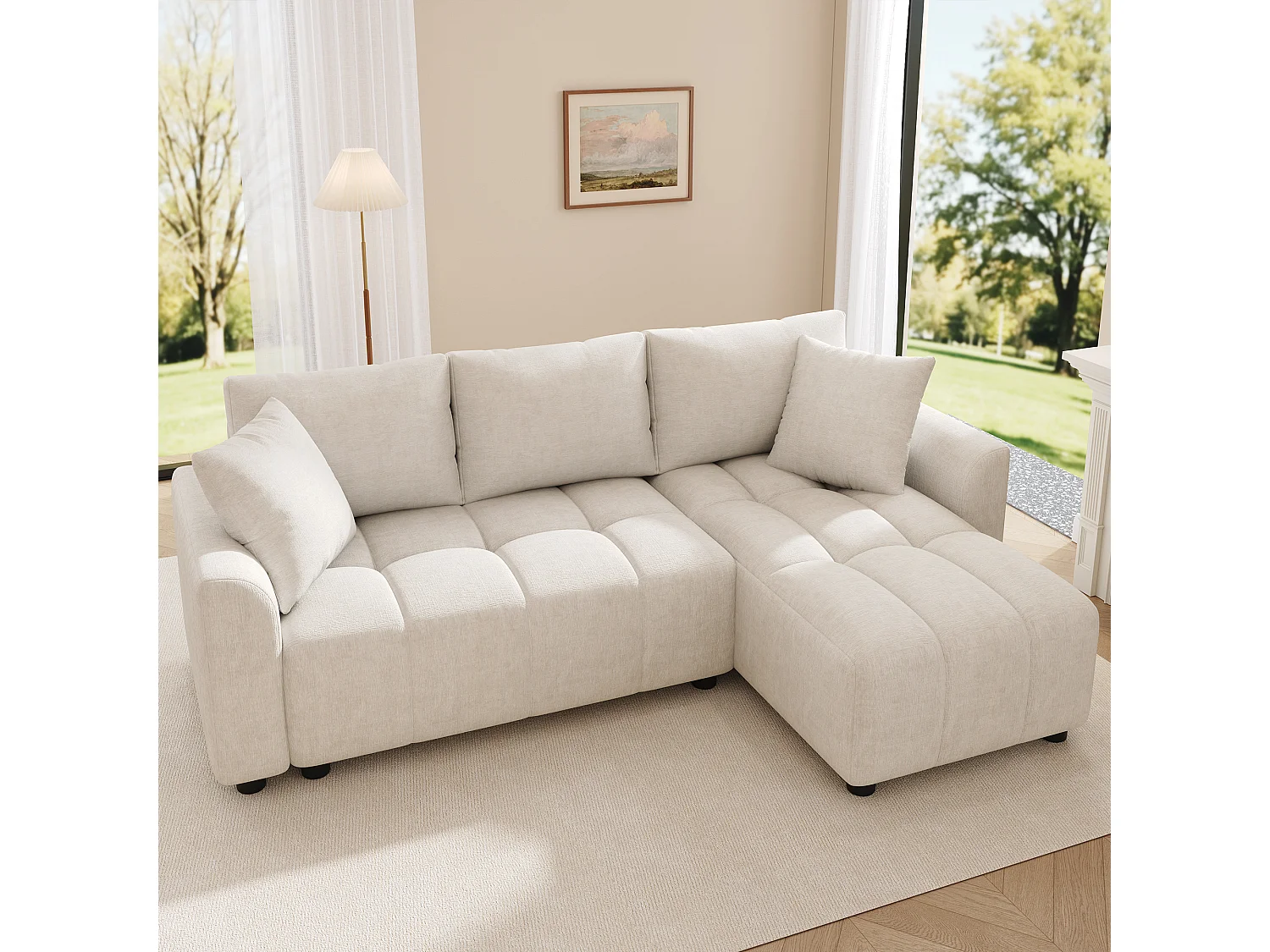 Canapé d'angle 3 places en L - Tissu chenille - avec 2 coussins - Beige