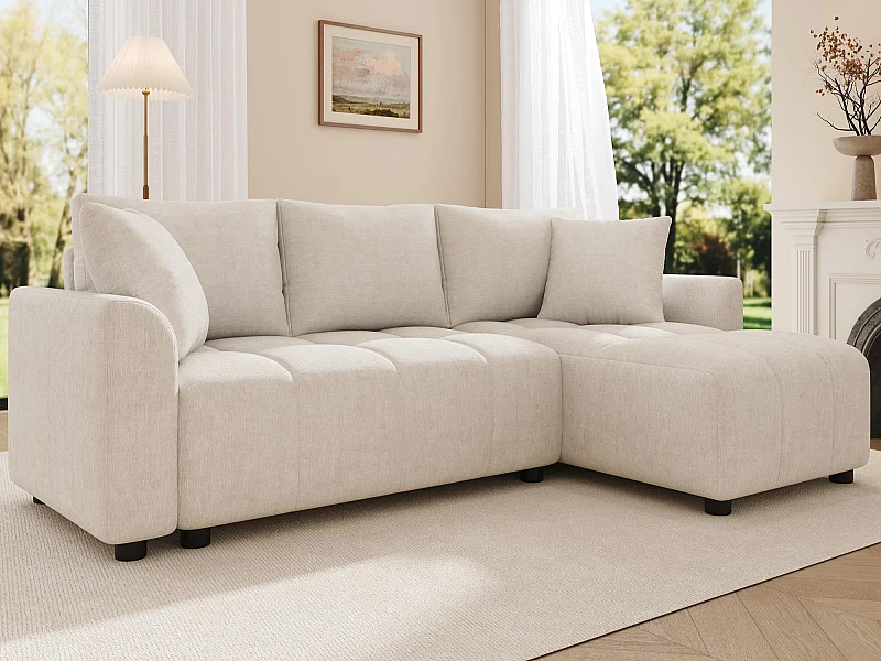 Canapé d'angle 3 places en L - Tissu chenille - avec 2 coussins - Beige