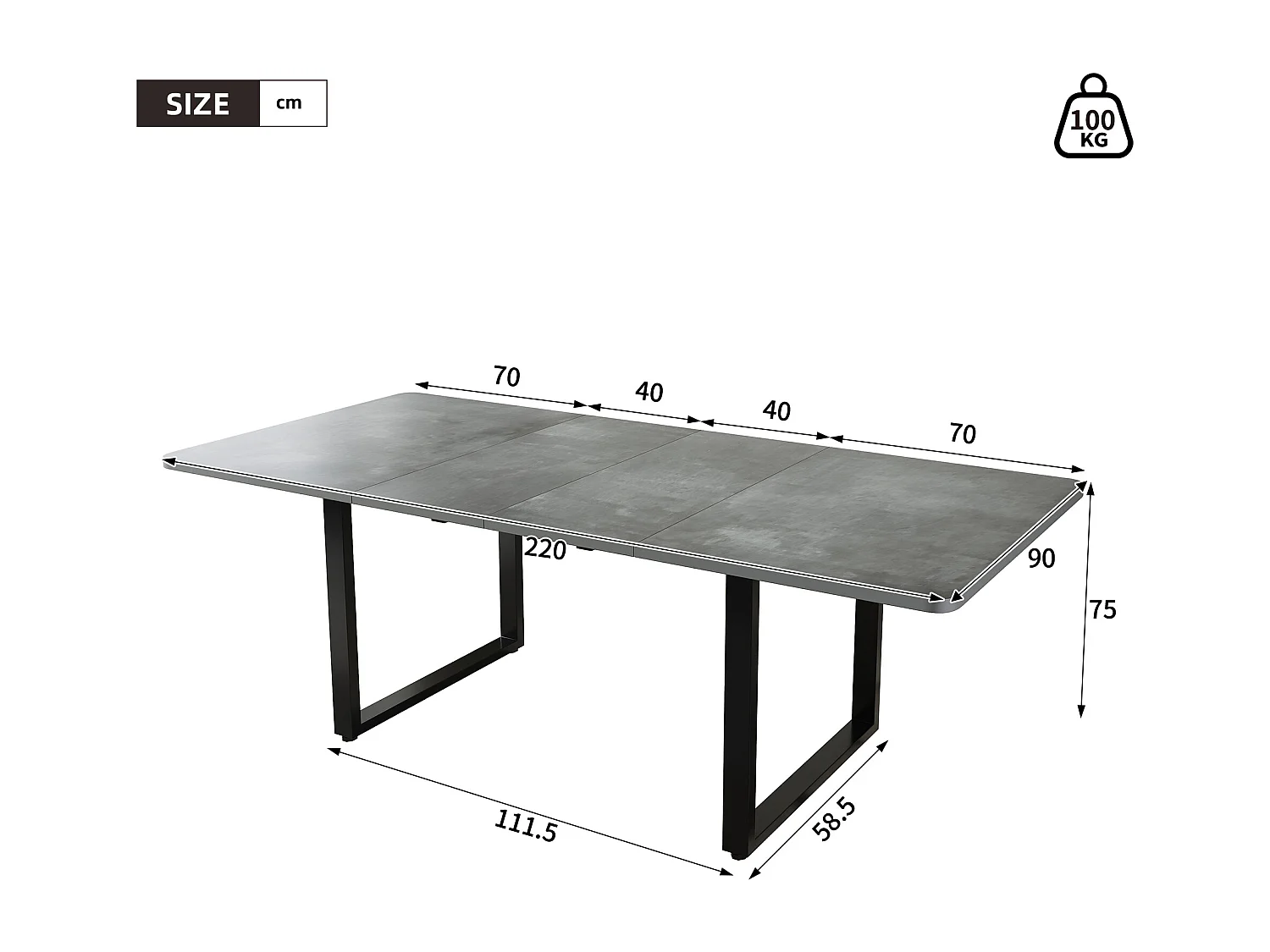 Table à manger extensible 140/180x220x90 cm - idéale pour 6 à 10 personnes - pieds en métal - Style moderne - Gris