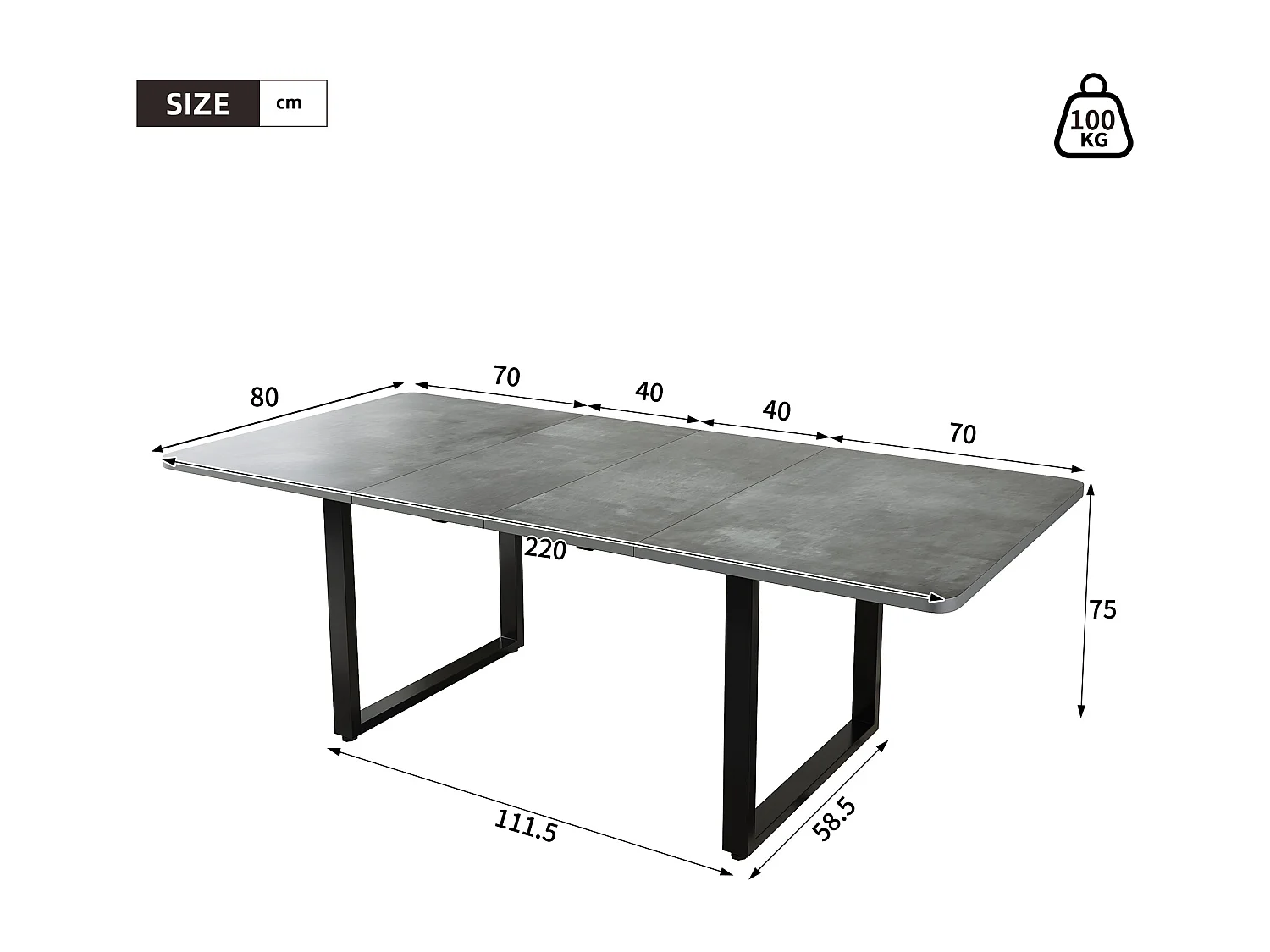 Table à manger extensible 140/180x220x80 cm - idéale pour 6 à 10 personnes - pieds en métal - Style moderne - Gris