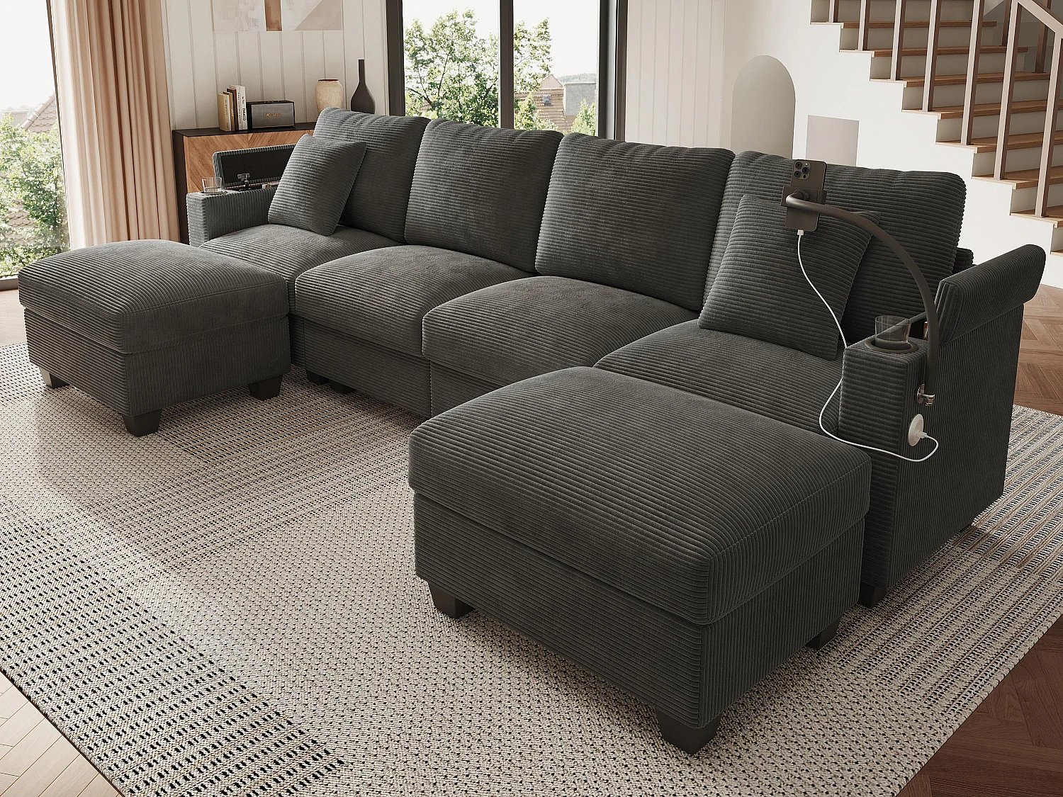 Canapé 4 places en forme de U - Velours côtelé - Équipé d'un support pour téléphone et d'un port de chargement USB - Gris